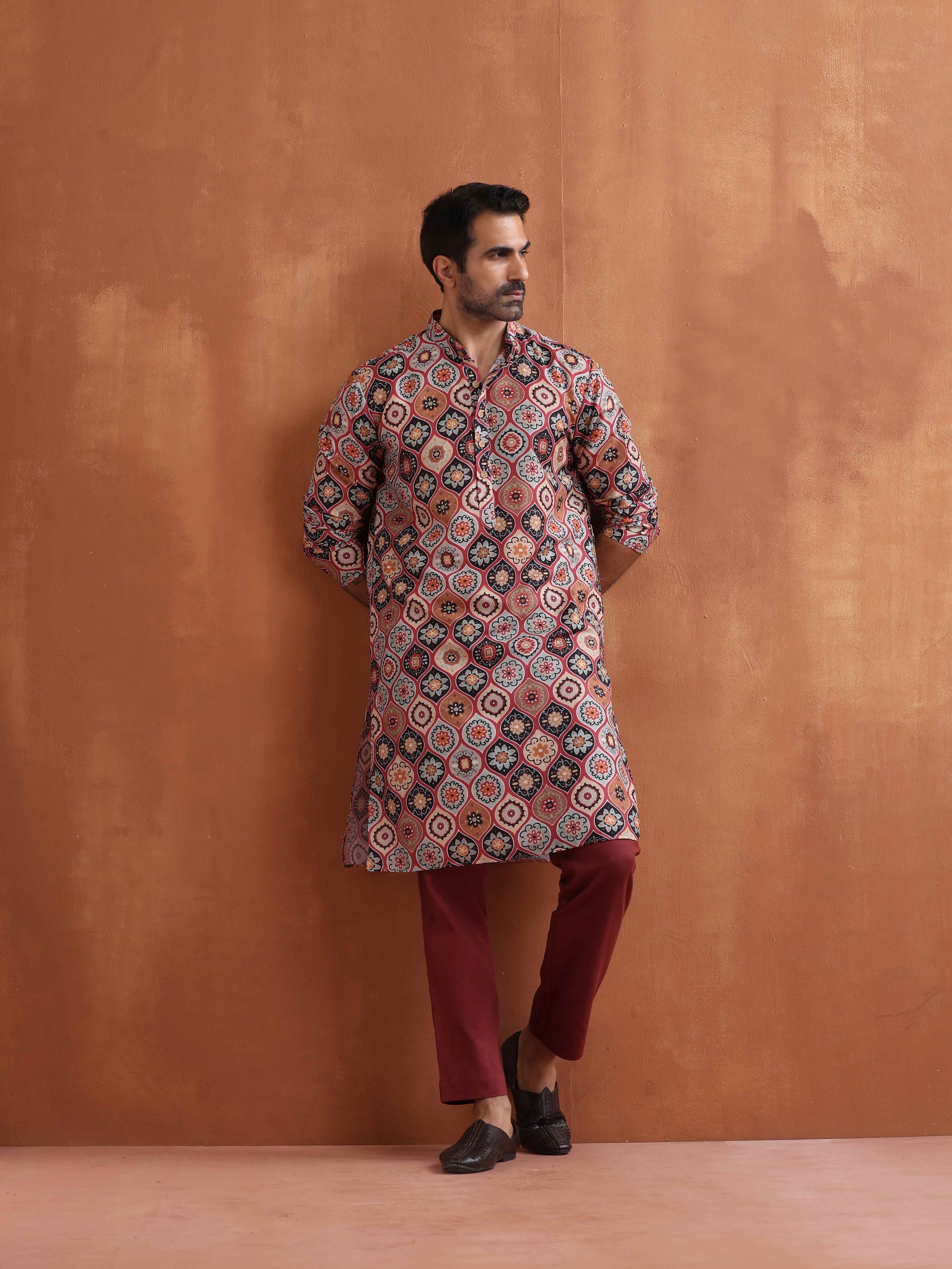 trueBrowns Men's Rust Geometric Printed Kurta - view 2