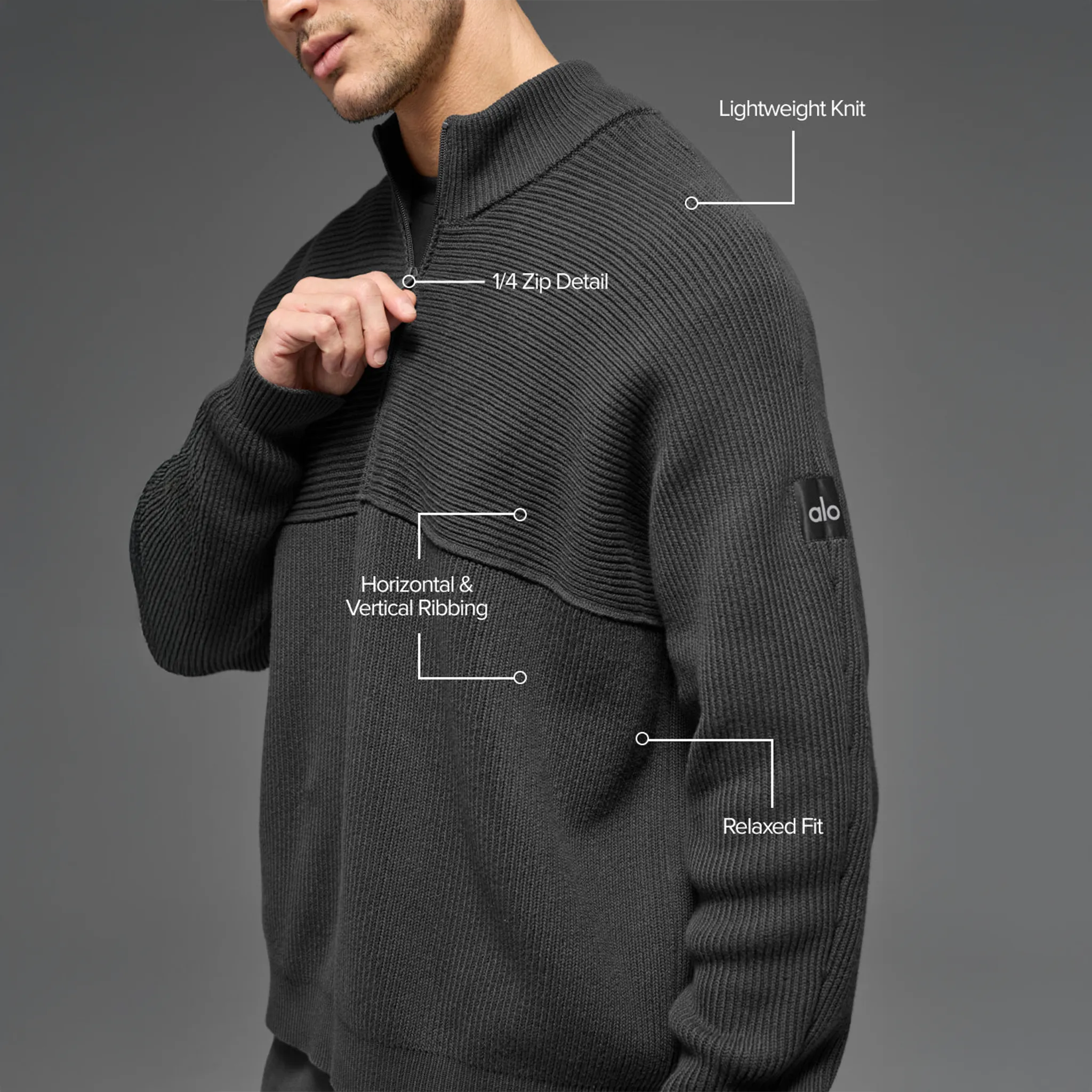 Alo Yoga Domain Shift Rib Knit 1/4 Zip Anthracite Sweatshirt - view 5