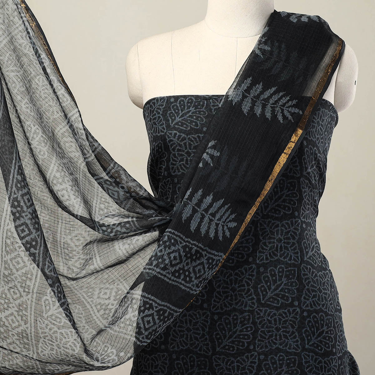 ARTISAN HAND BLOCK PRINTS Black - 3pc Block Print Kota Cotton Batik Dress Material 03 - view 3