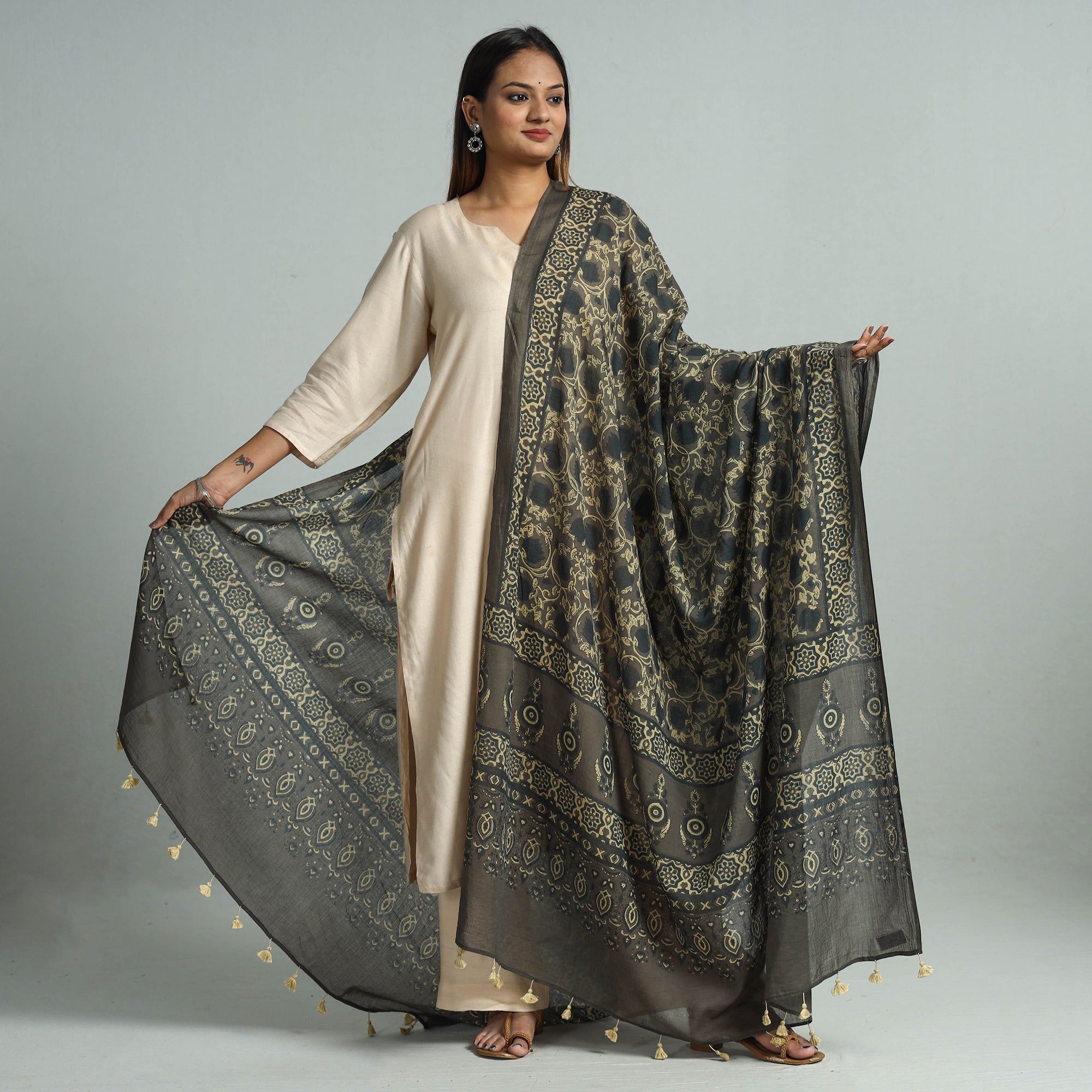 AJRAKH BY SUFIYAN ISMAIL KHATRI Brown - Hand Block Printed Cotton Ajrakh Dupatta 39