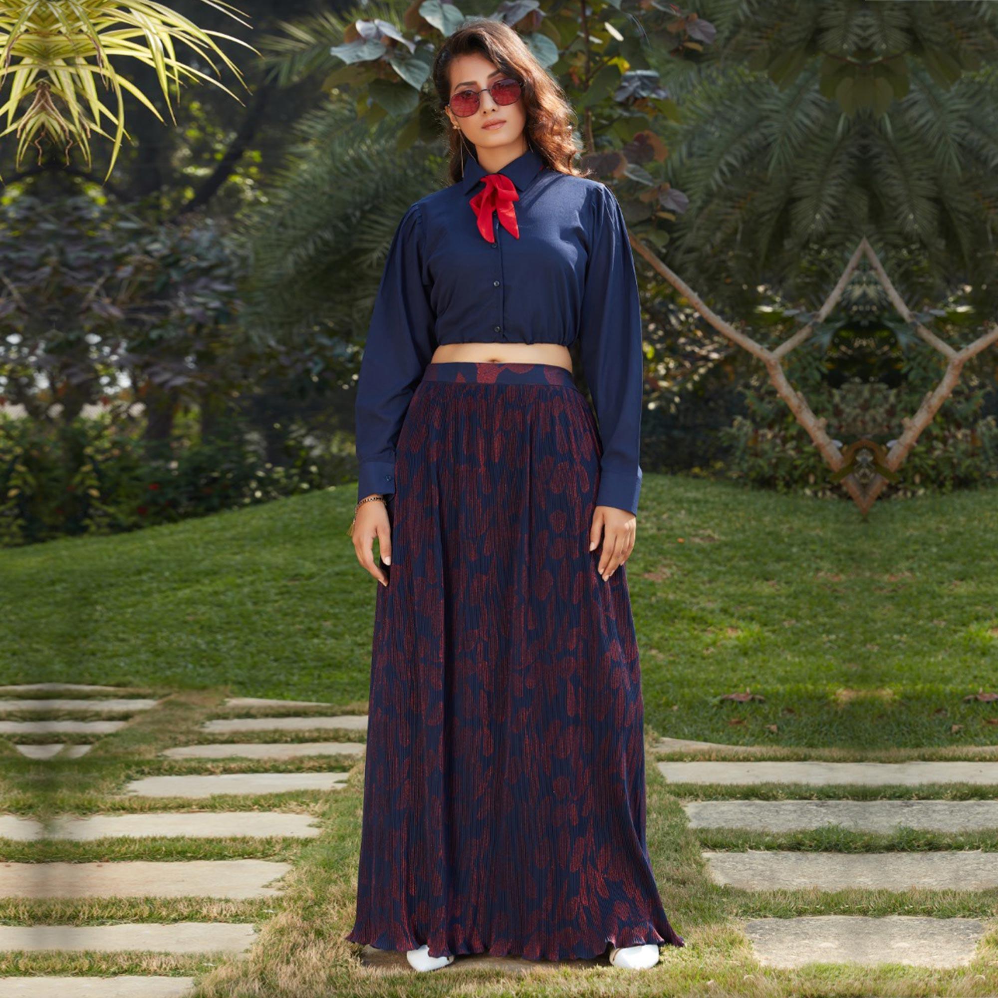 Peachmode Seller Jazzy Navy Blue Colored Casual Wear Printed Western Crop Top - Skirt Set