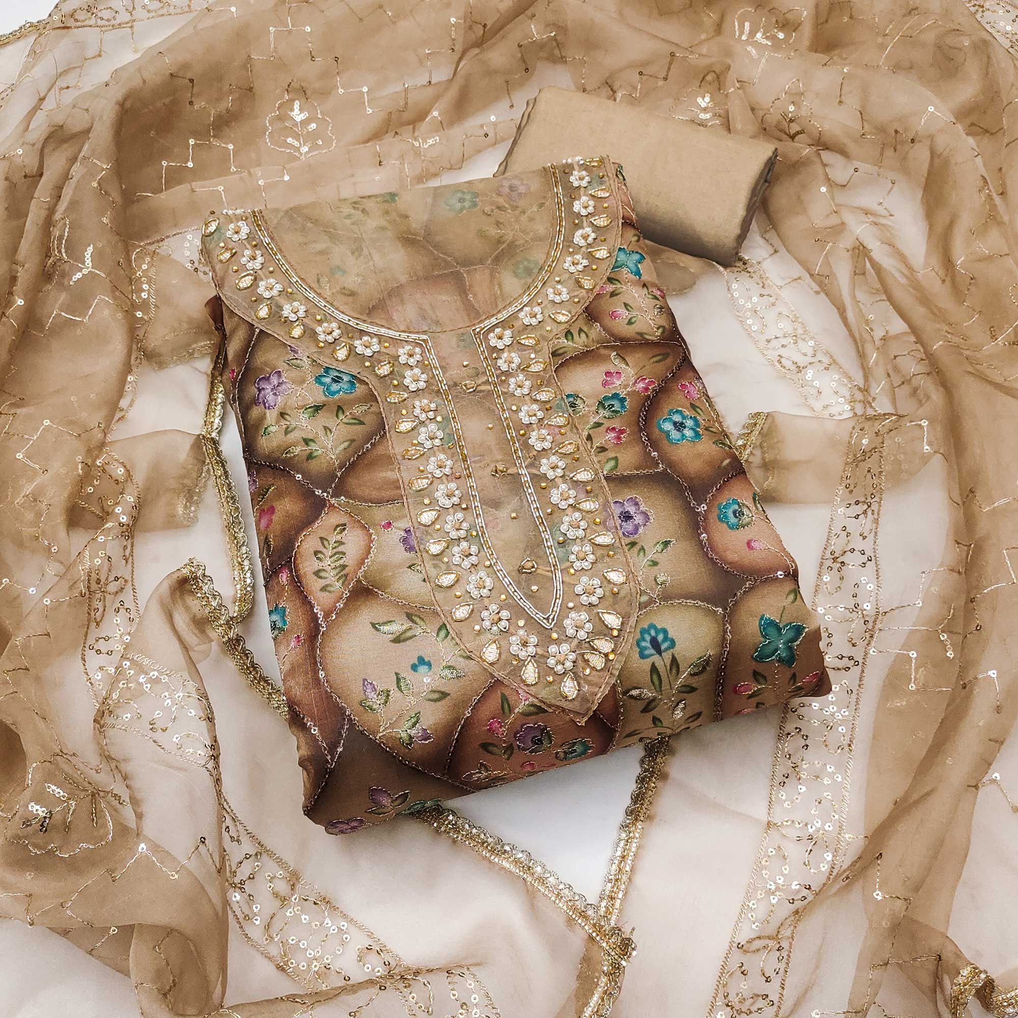Peachmode Light Brown Floral Sequins Embroidery With Handwork Organza Dress Material