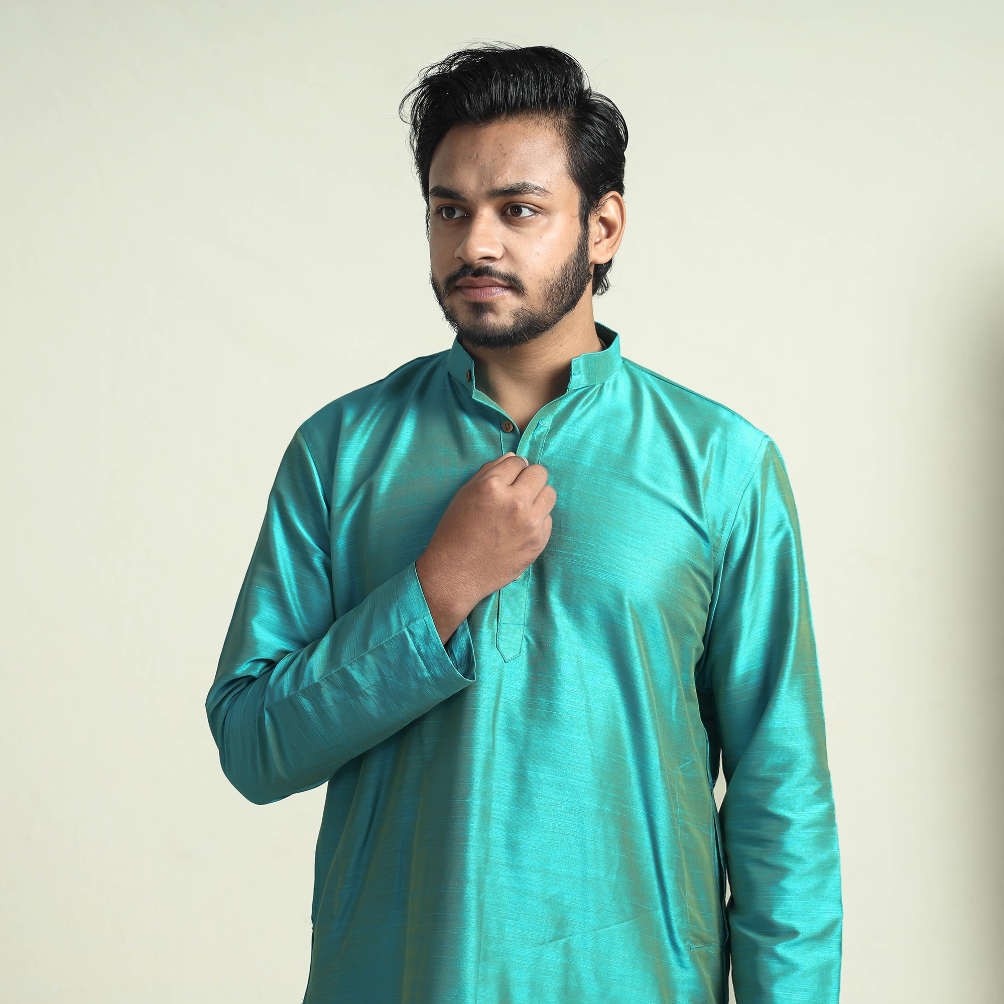 ITOKRI CASUALS Aqua - Blue Plain Dyed Slub Silk Men Long Kurta - view 3