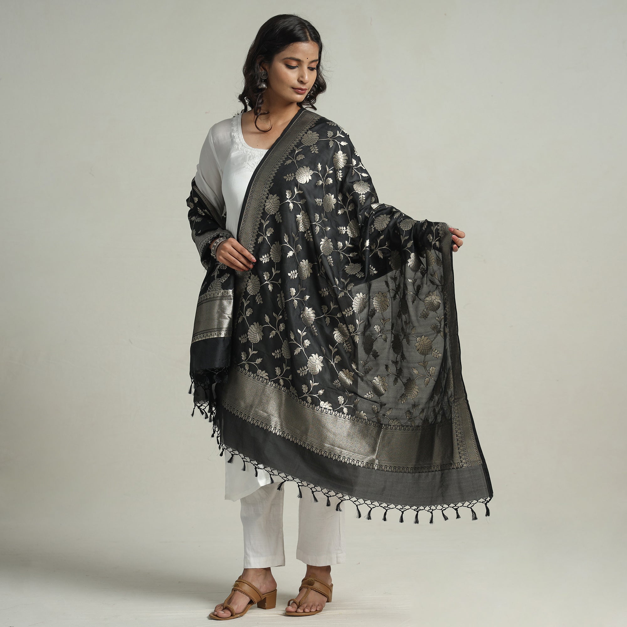 BANARASI BY MAQBUL HASAN Black - Banarasi Semi Silk Zari Jaal Dupatta with Tassels 74