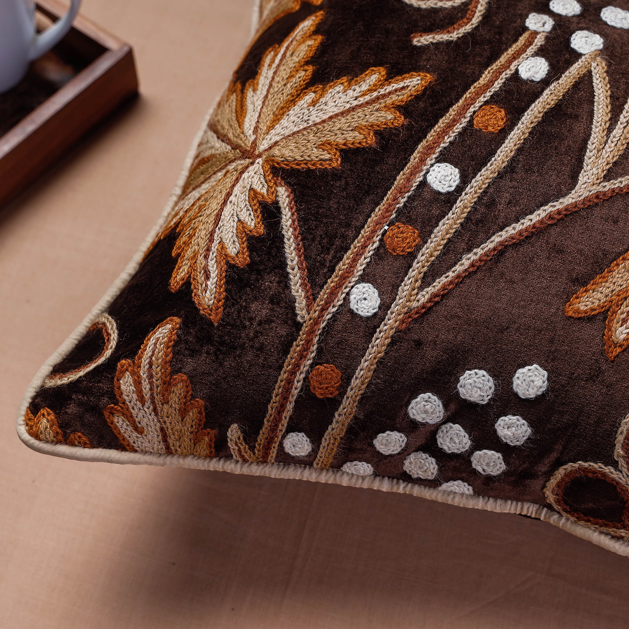 ITOKRI CRAFTS INITIATIVE Brown - Original Chain Stitch Crewel Thread Hand Embroidery Velvet Cushion Cover (16 x 16 in) - view 2