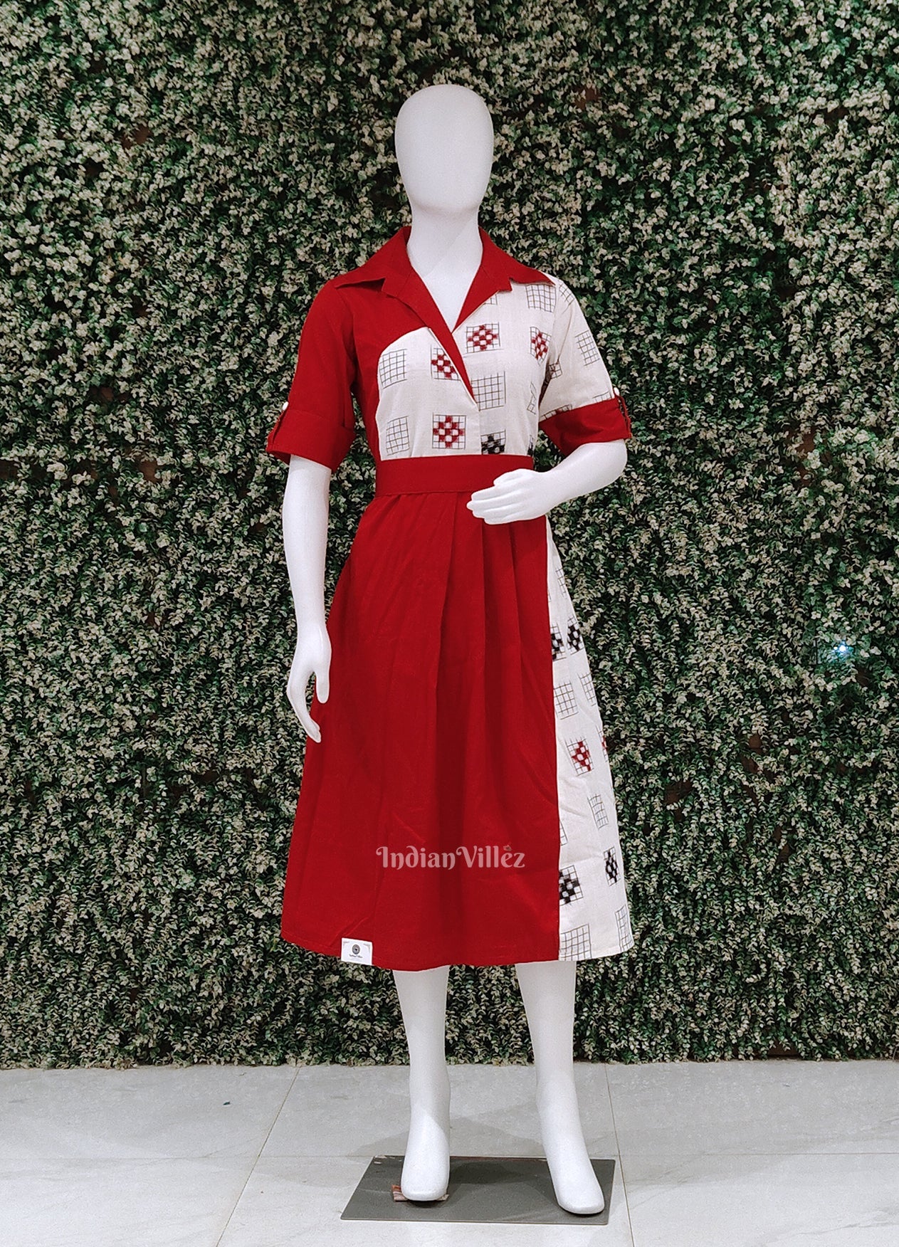IndianVillèz Red Pasapali Odisha Ikat Designer Office Wear Dress