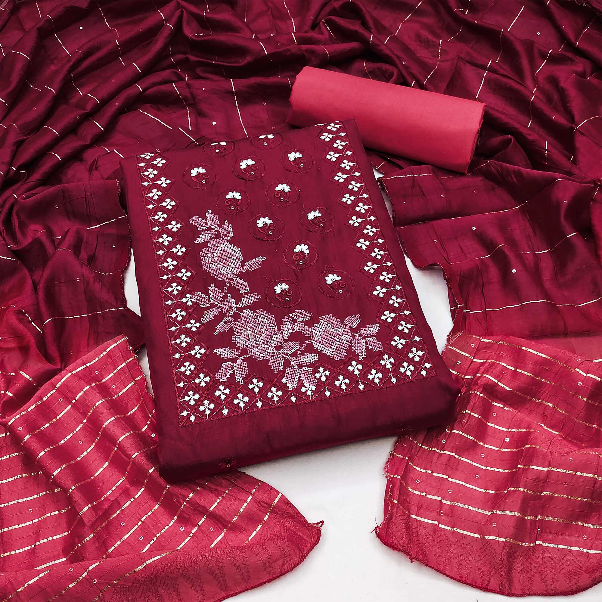 Peachmode Maroon Embroidered Art Silk Dress Material