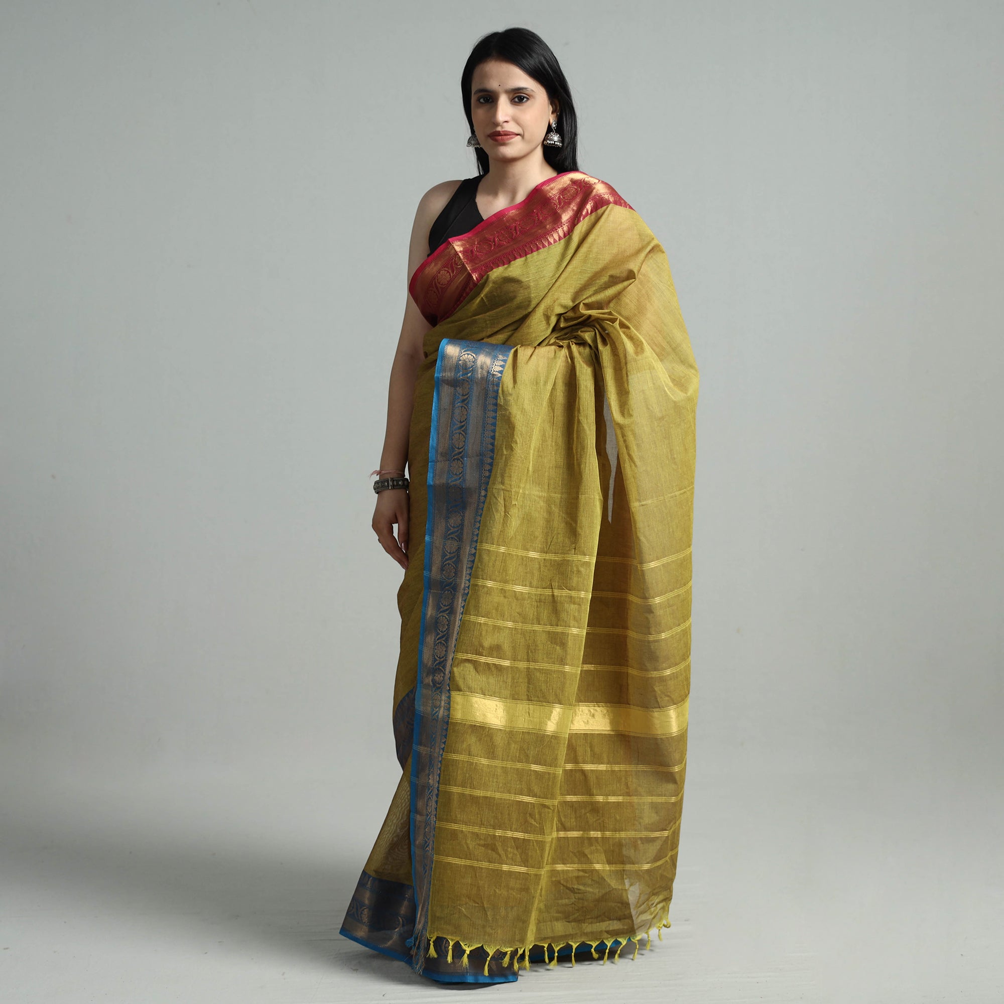 SOUTH KARGHA Brown - Green - Traditional Kanchipuram Cotton Saree with Zari Border 11
