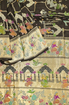 IndianVillèz Black Brocade Tussar Khaddi Georgette Banarasi Handloom Silk Saree