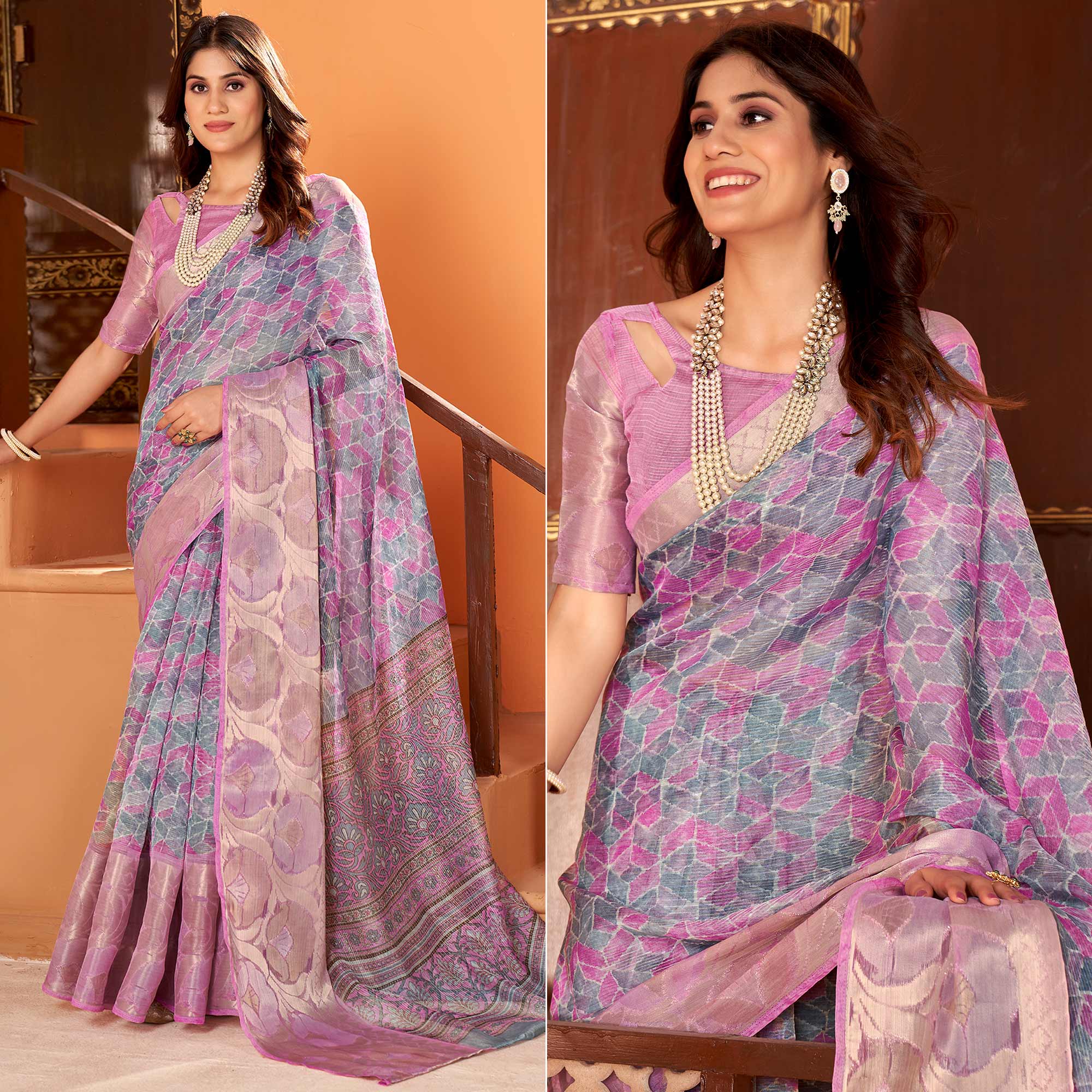Peachmode Light Purple Printed Organza Saree With Woven Border