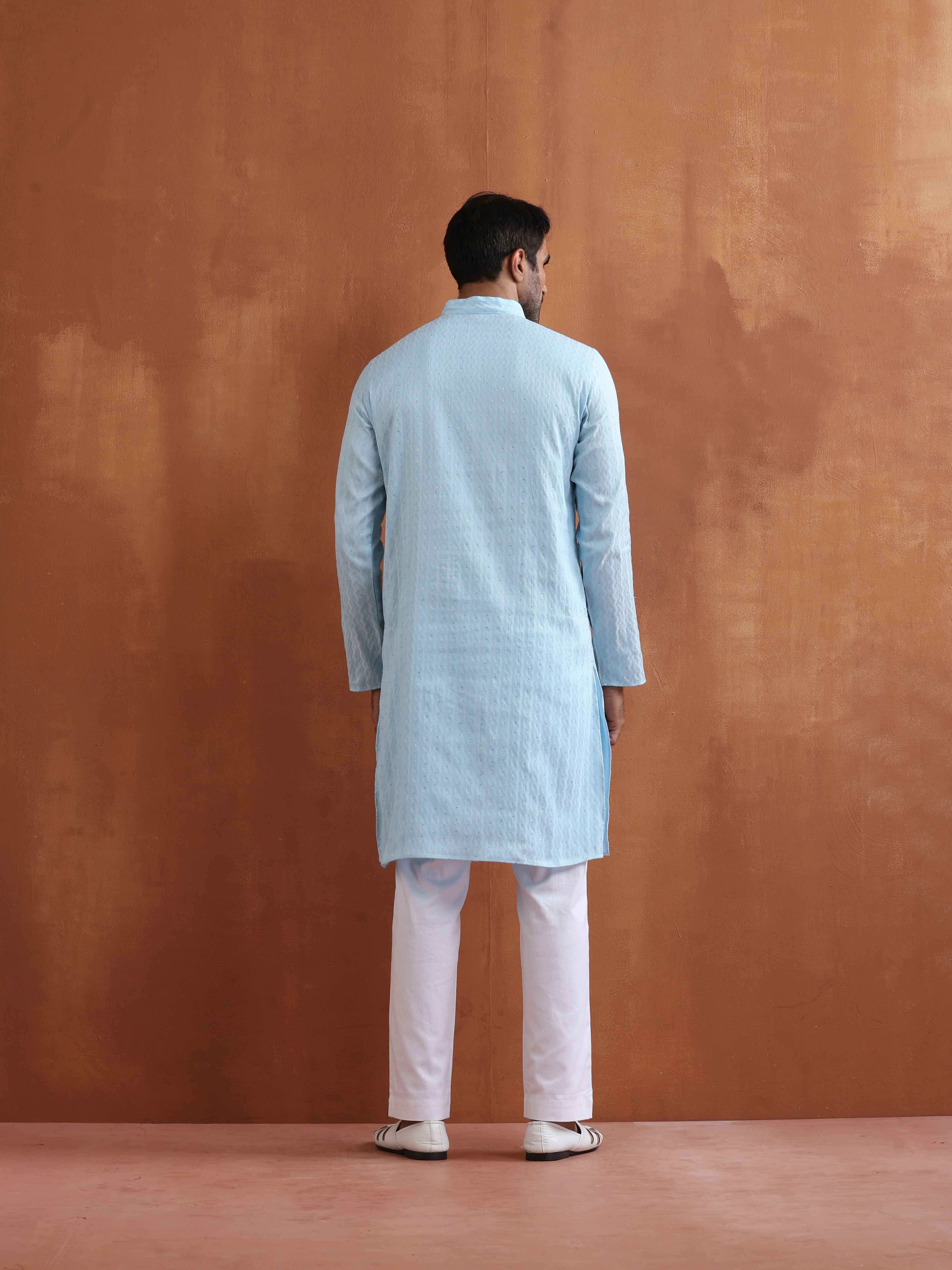 trueBrowns Men's Blue Sequin Chanderi Kurta - view 6