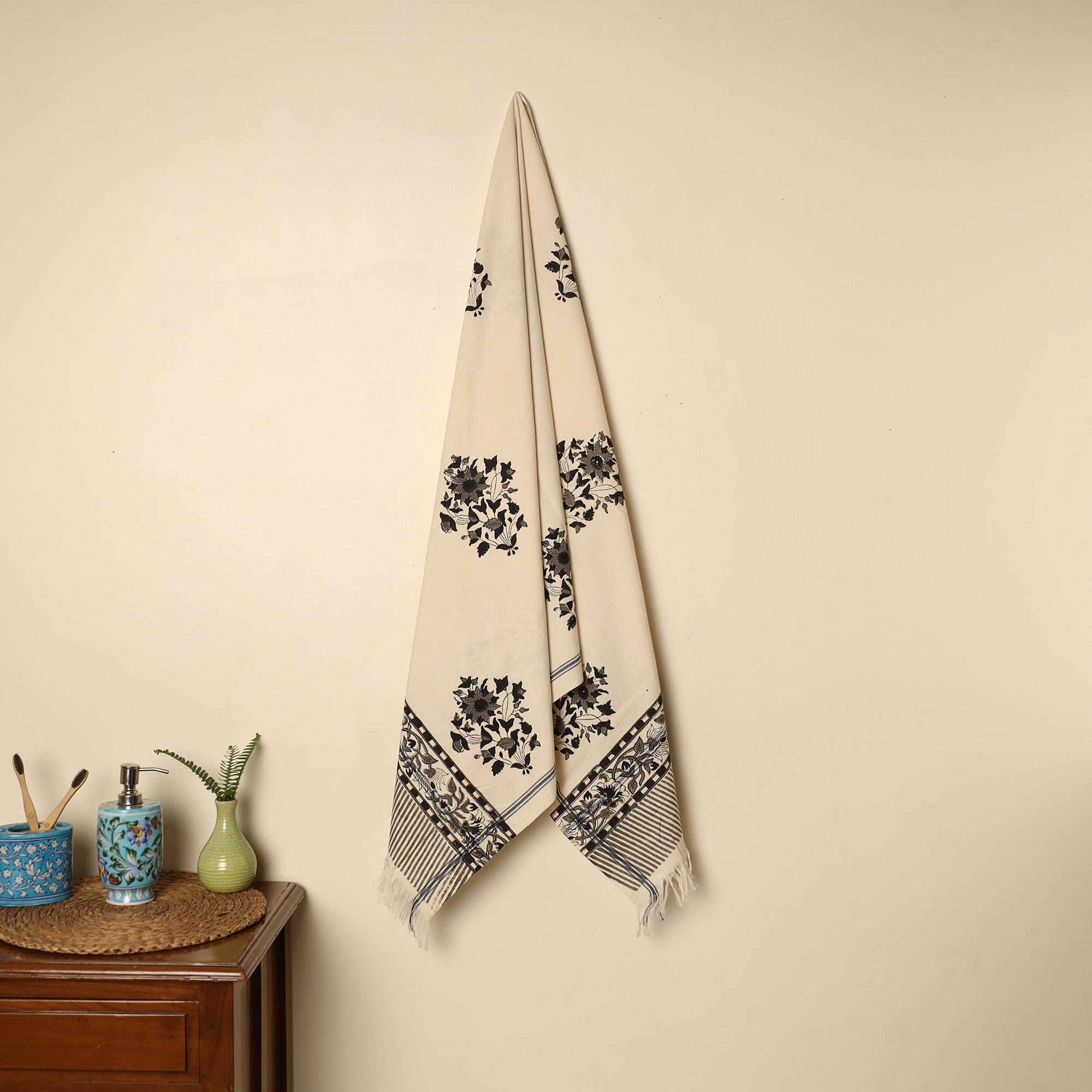 ARTISAN HAND BLOCK PRINTS Beige - Block Printed Handloom Cotton Sanganeri Towel 18