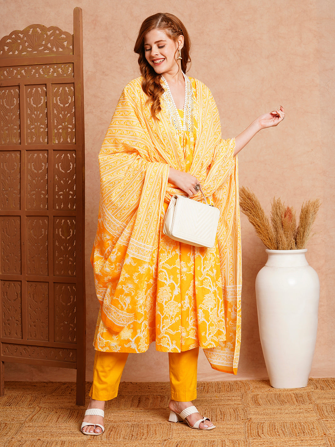 FASHOR Floral Printed & Embroidered A-Line Paneled Kurta with Pant and Dupatta - Yellow - view 2
