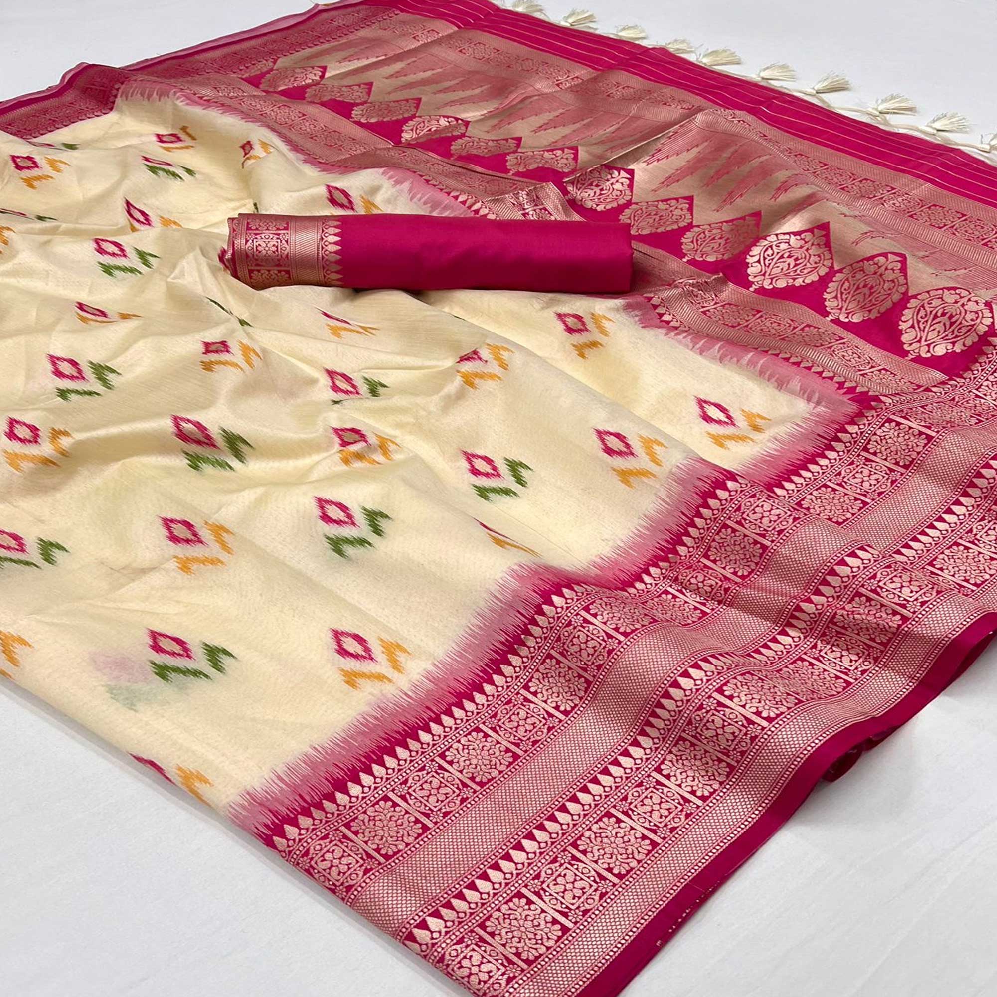 Peachmode Cream Ikkat Handwoven Art Silk Saree With Tassels