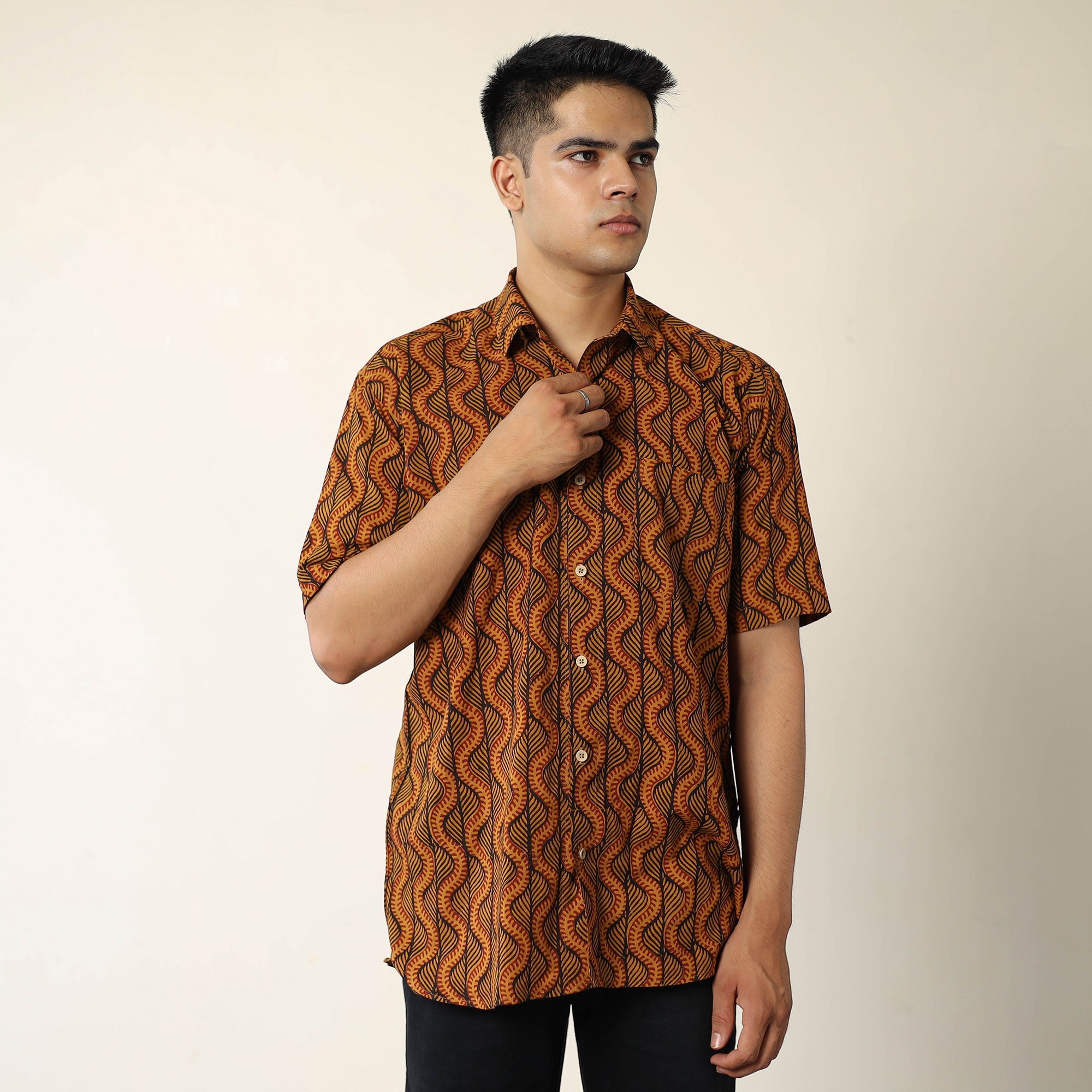 ITOKRI CASUALS Brown - Bagh Hand Block Printed Cotton Men Half Sleeve Shirt 03