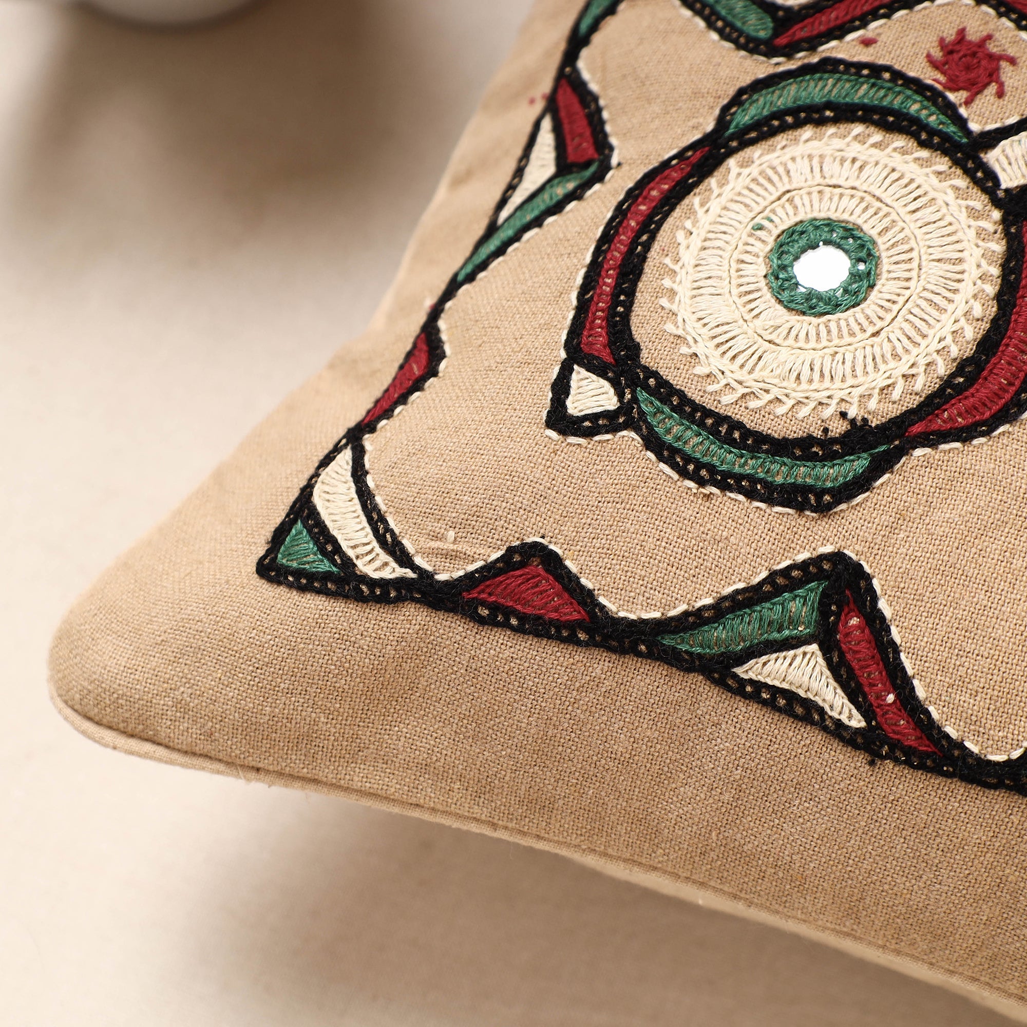 Beige - Kala Raksha Pakko Hand Embroidered Pure Cotton Cushion Cover (12 x 12 in) - view 2