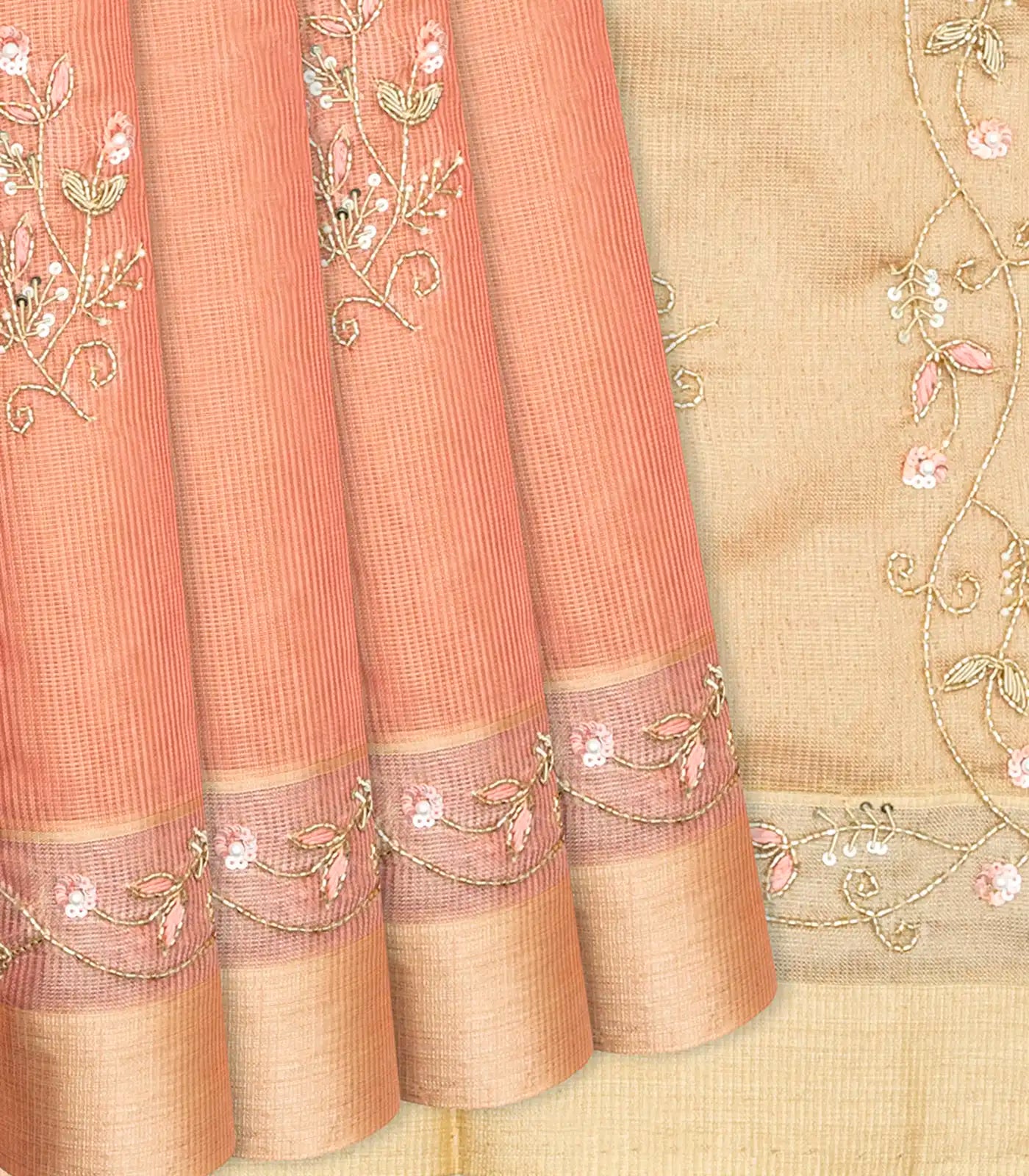RmKV Peach Tissue Embroidered Saree With Floral Motifs-Peach