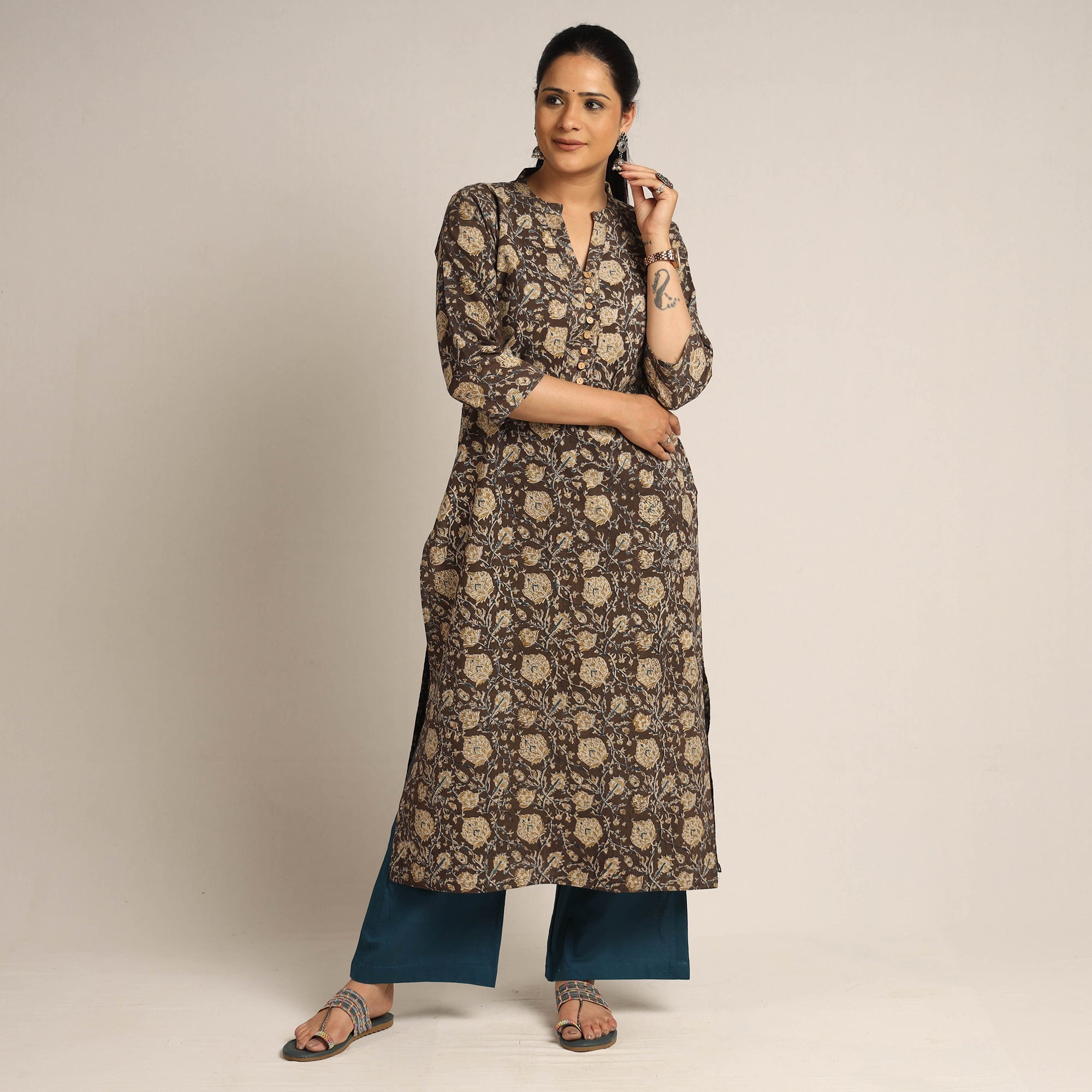 ITOKRI CASUALS Brown - Pedana Kalamkari Block Printed Cotton Kurta with Palazzo Set