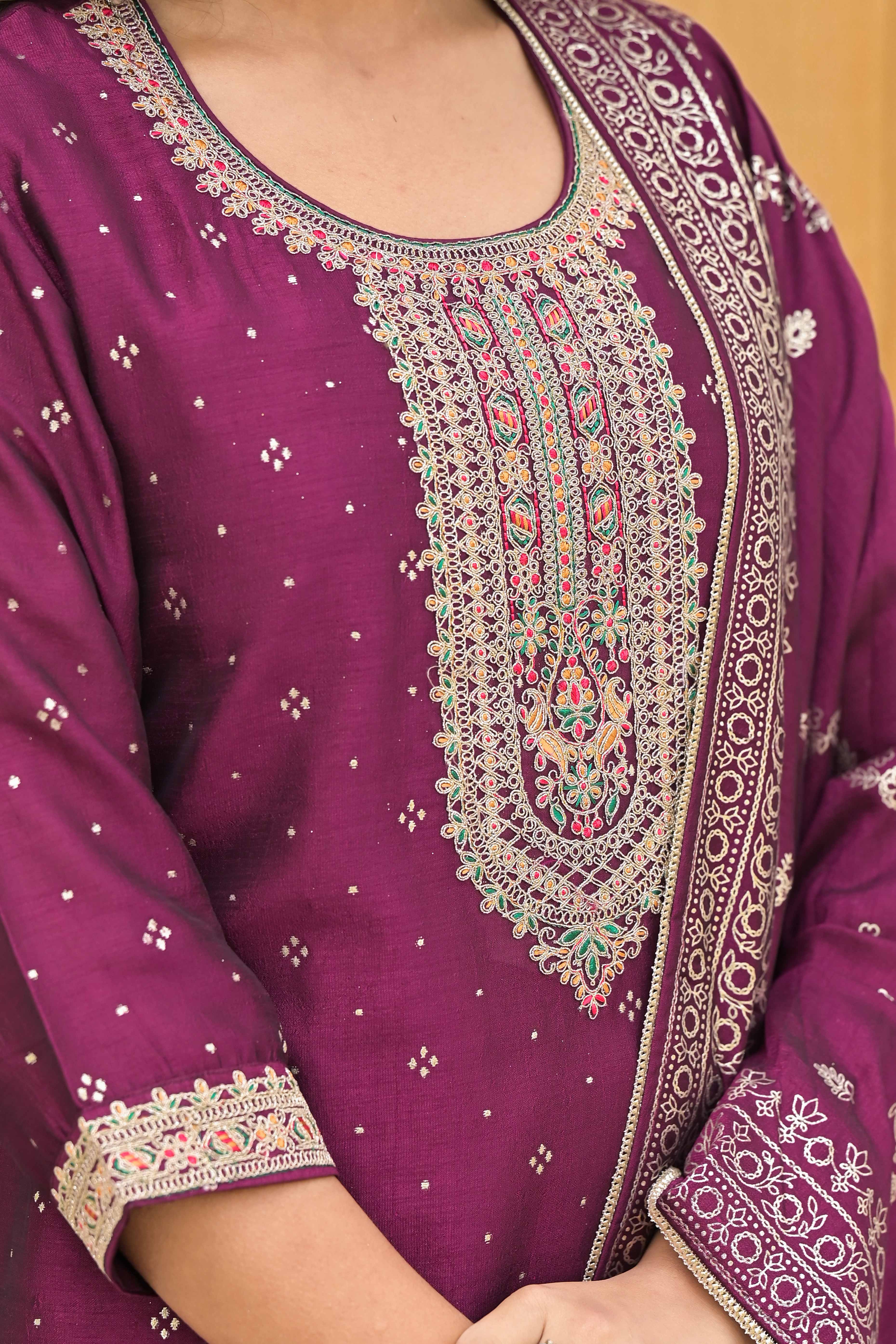 Peachmode Dark Purple Golden Embroidered Vichitra Silk Salwar Suit - view 2