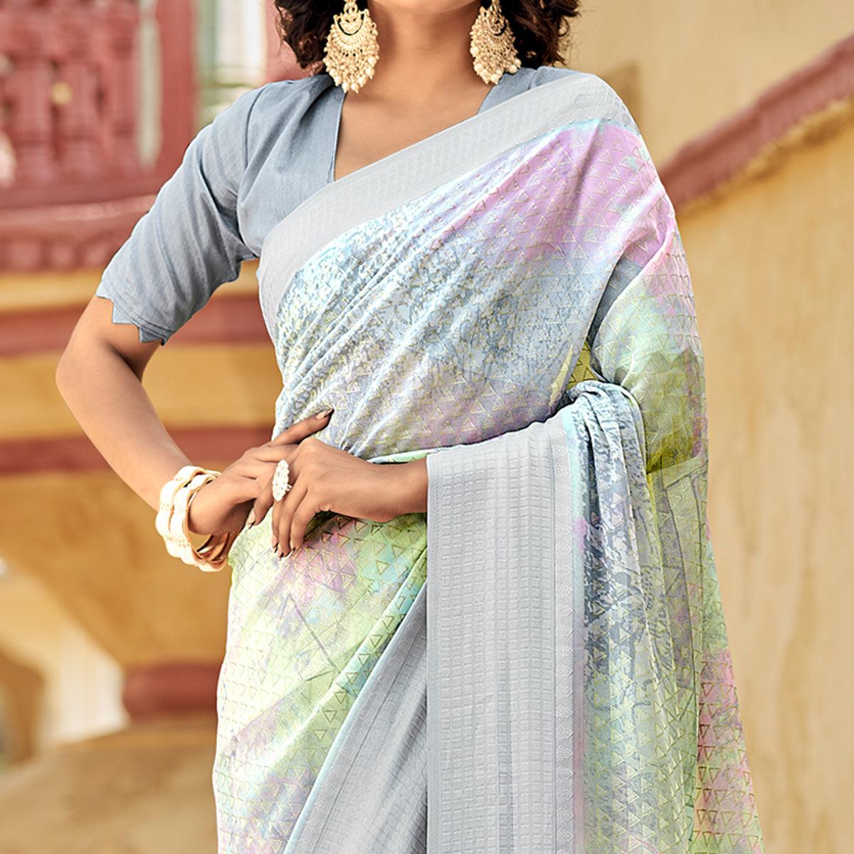 Peachmode Grey Printed Georgette Saree With Tassels - view 3