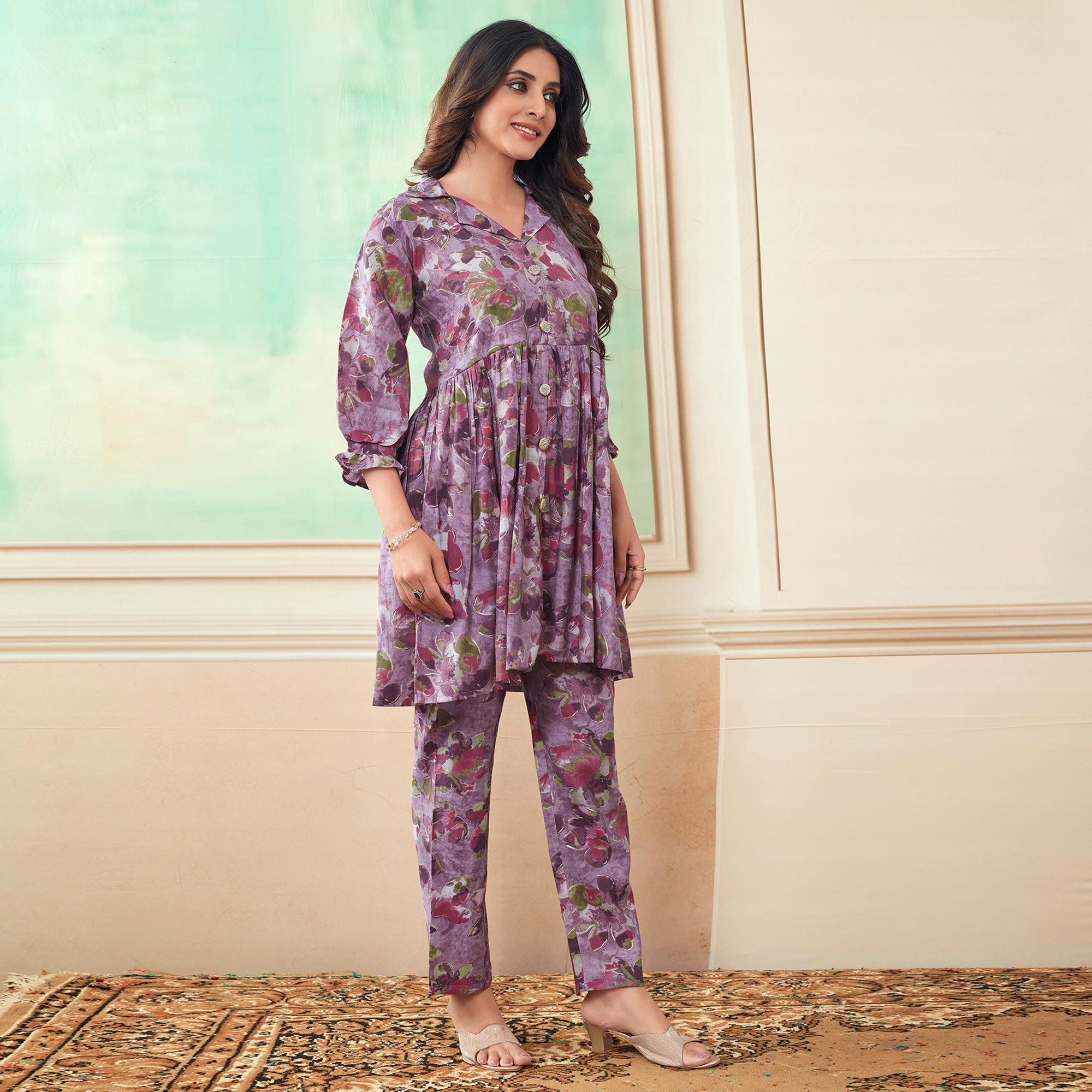 Peachmode Lavender Floral Foil Printed Chanderi Silk Co Ord Set - view 7