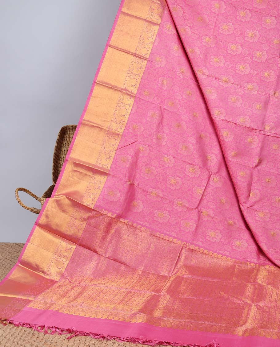Pothys Pink floral vine design silksaree with zari buttas, getti zari border of mayil designs & intricate pallu