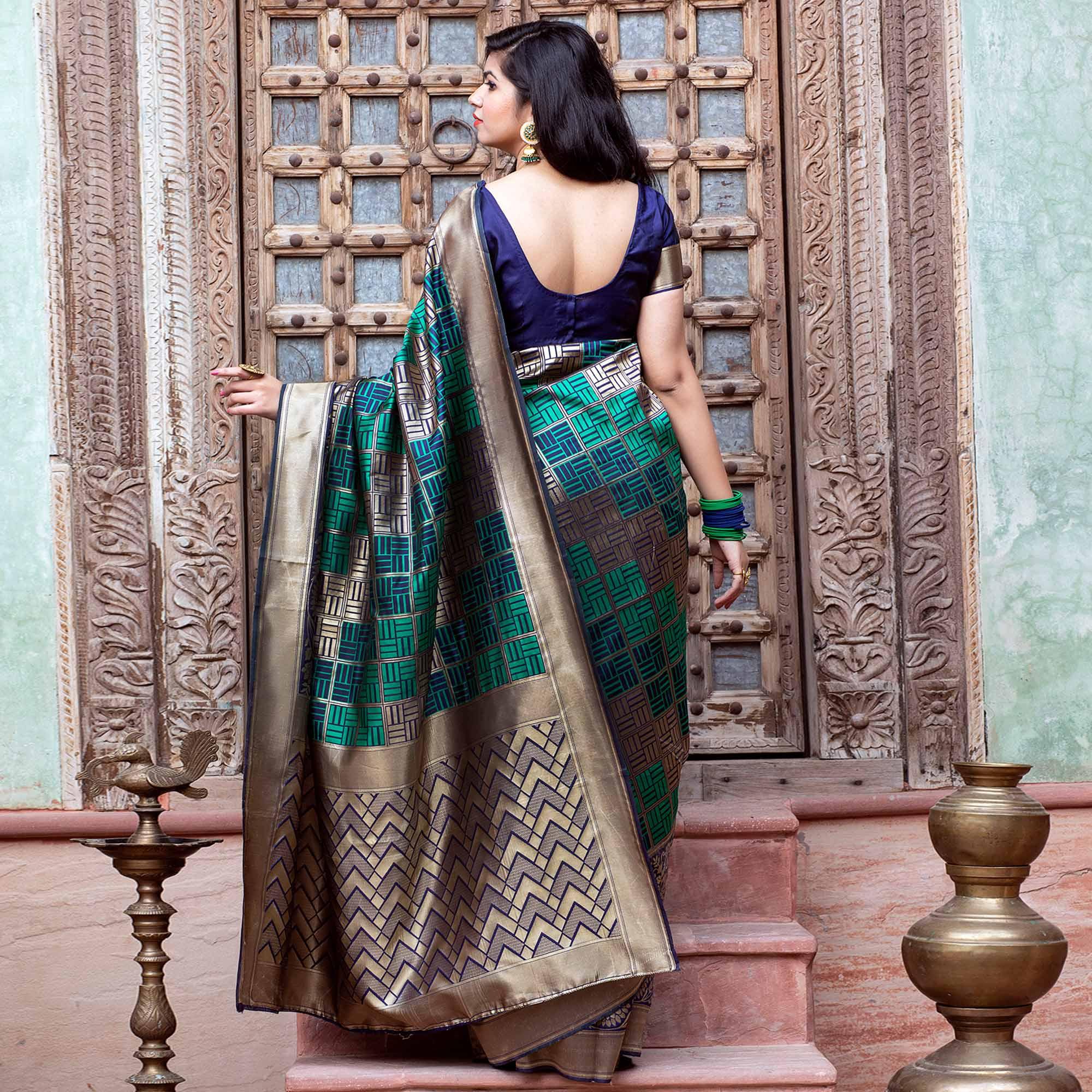 Peachmode Eye-catching Navy Blue Colored Festive Wear Woven Banarasi Silk Saree - view 6