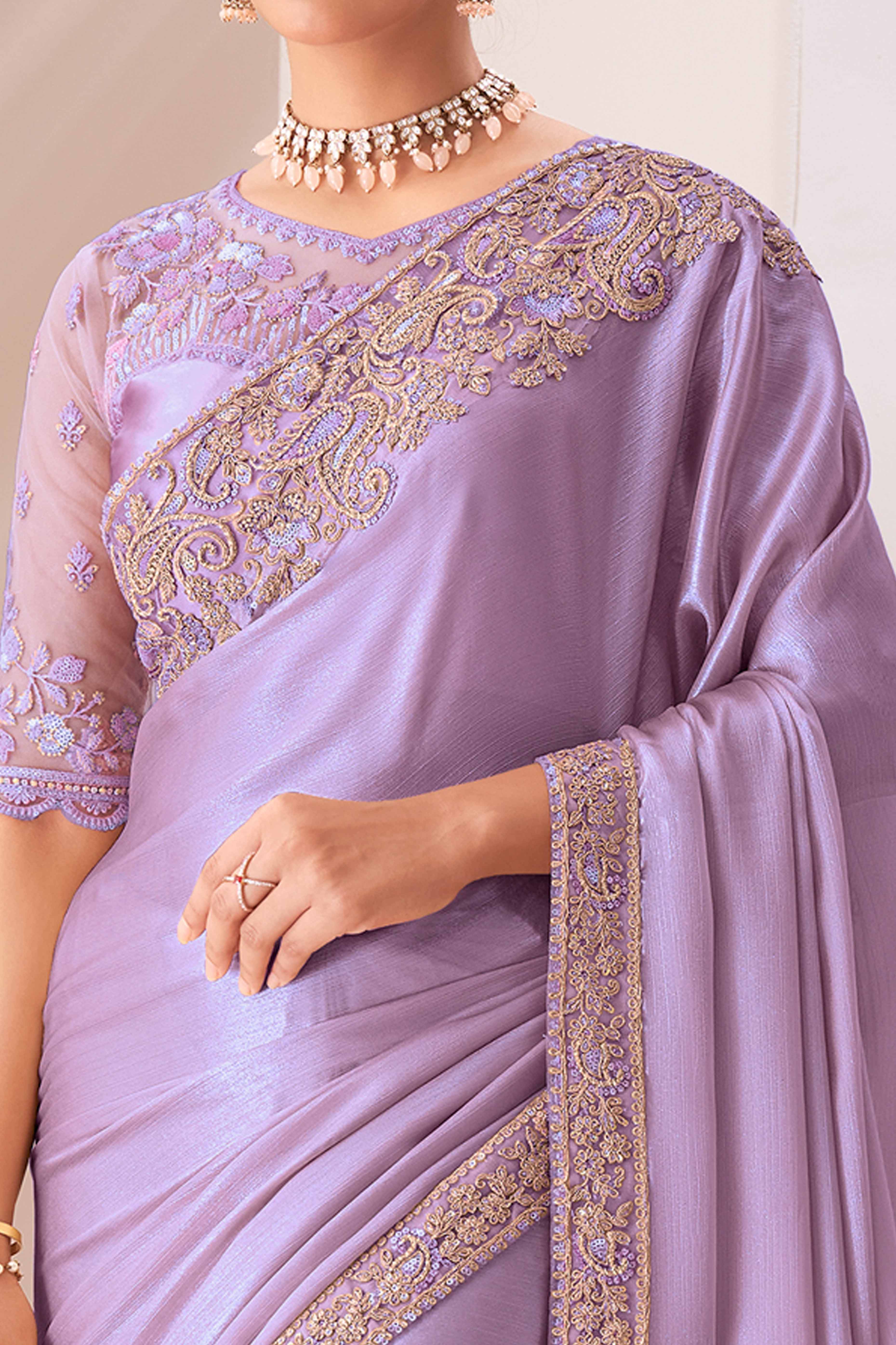 Peachmode Lavender Floral Sequins Embroidered Chiffon Saree - view 2