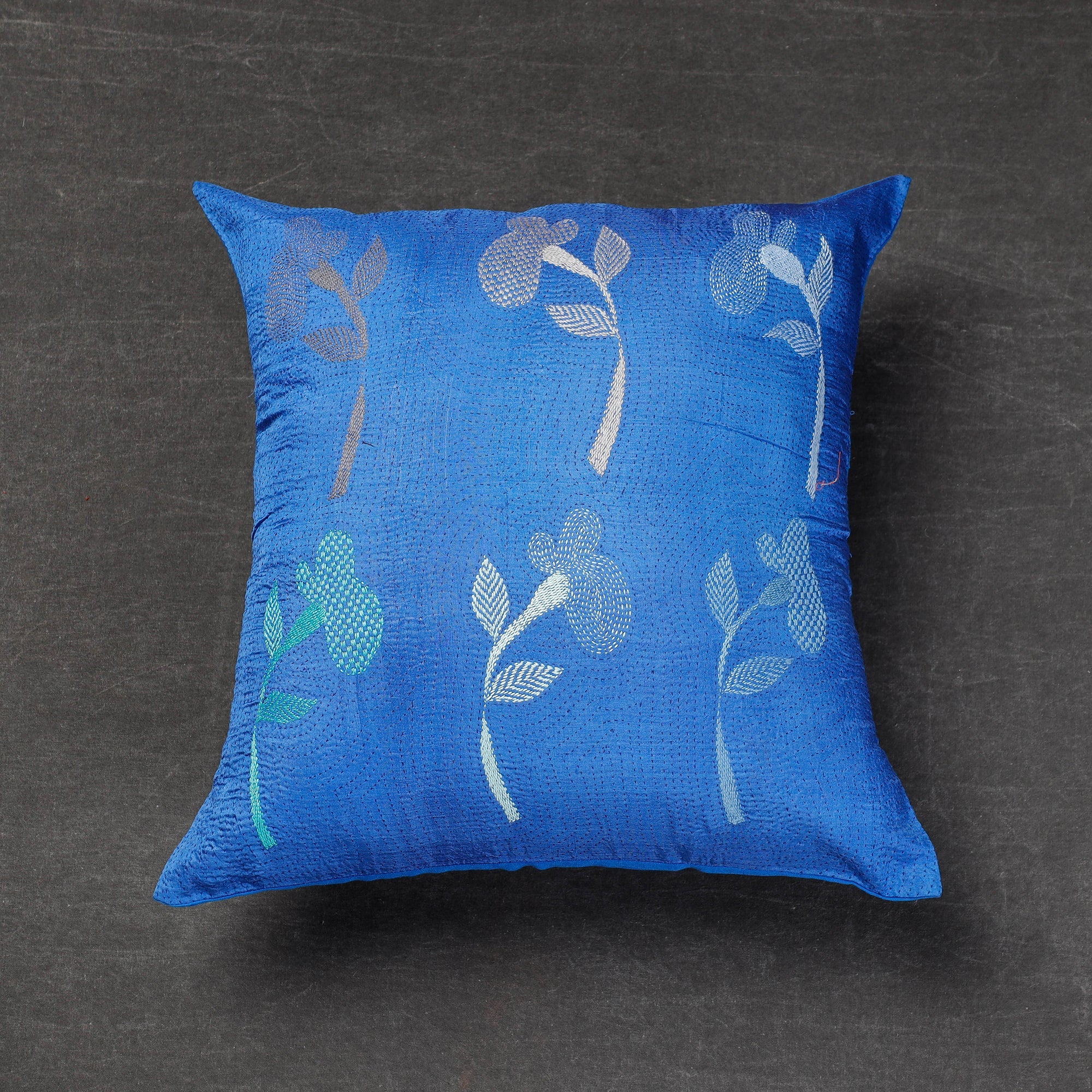 SASHA Blue - Bengal Kantha Embroidery Mulberry Silk Cushion Cover (16 x 16 in)