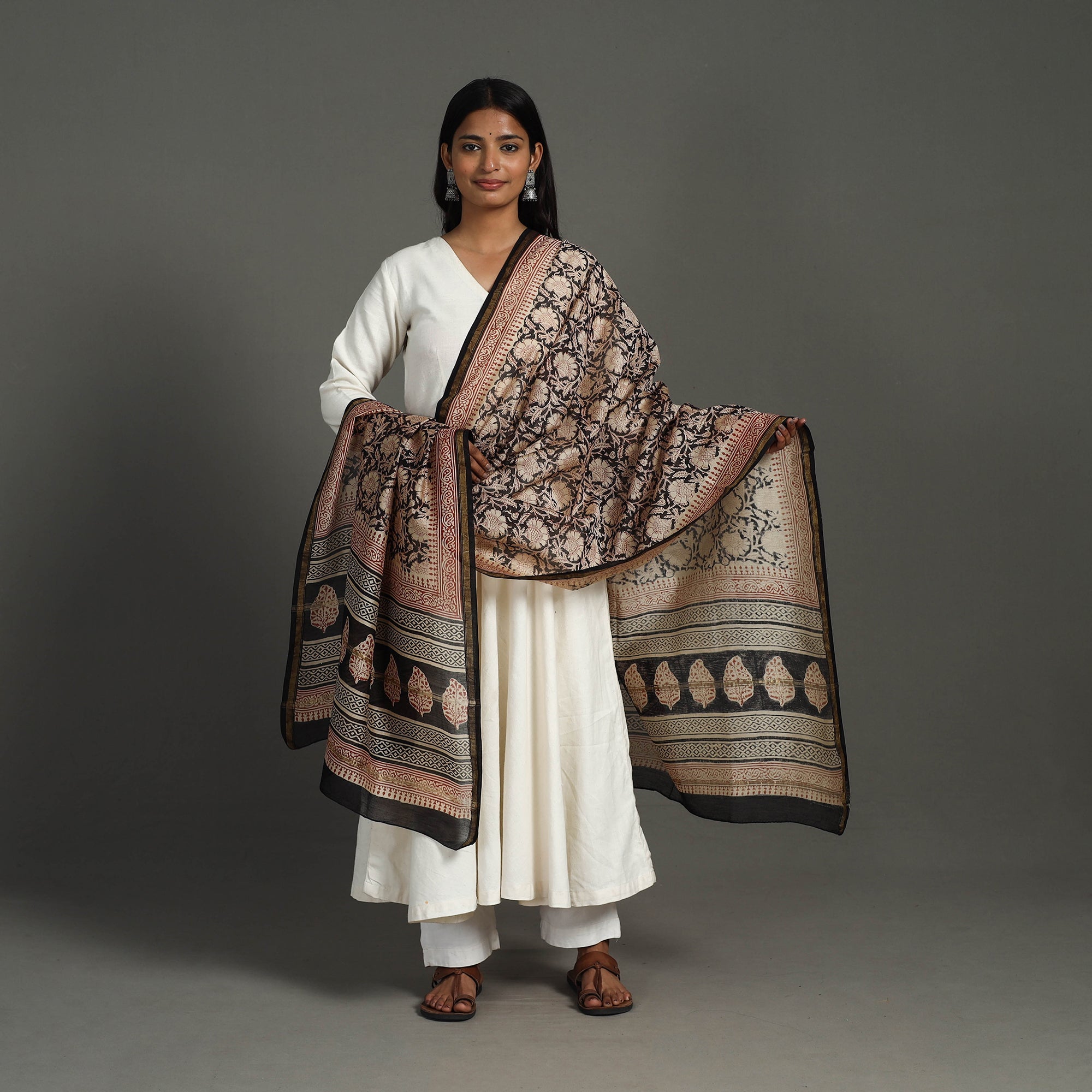 HAVELI CHRONICLES Black - Block Print Chanderi Silk Bagru Dupatta 20