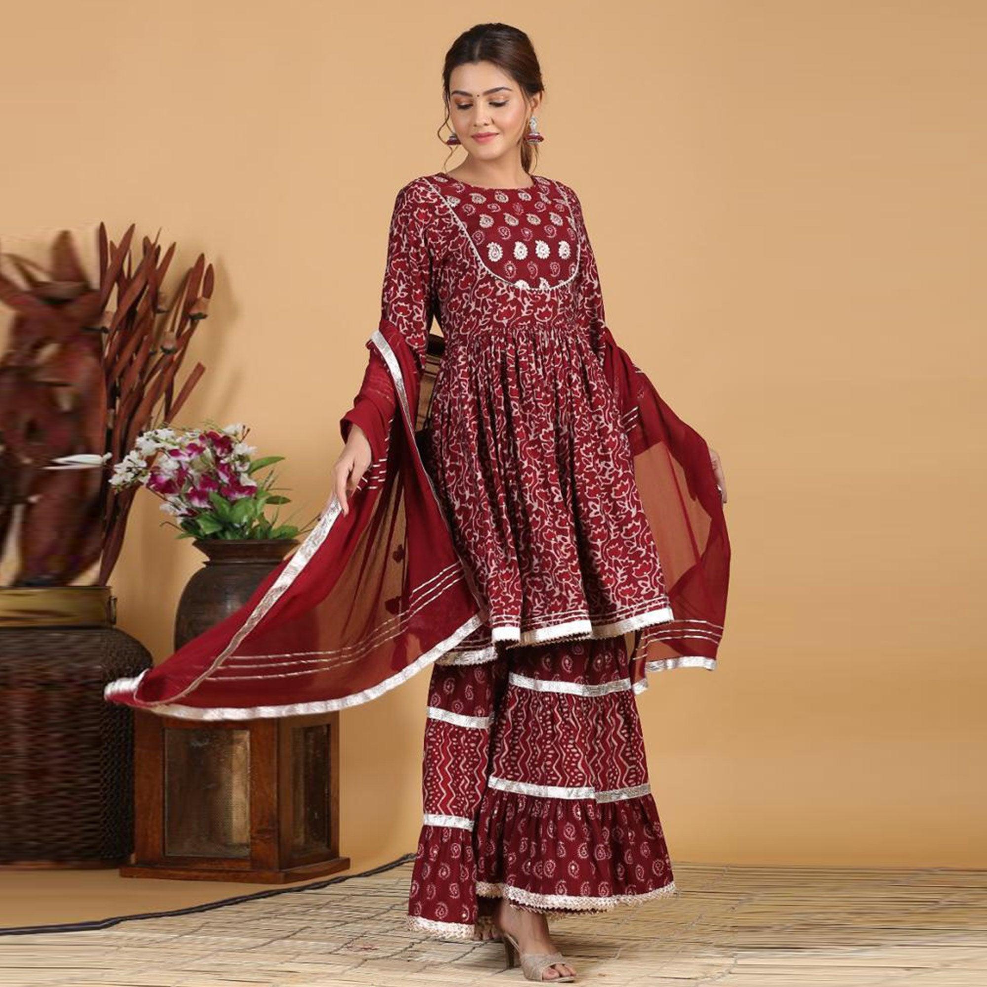Peachmode Maroon Patywear Printed With Gotta Patti Cotton Palazzo Suit