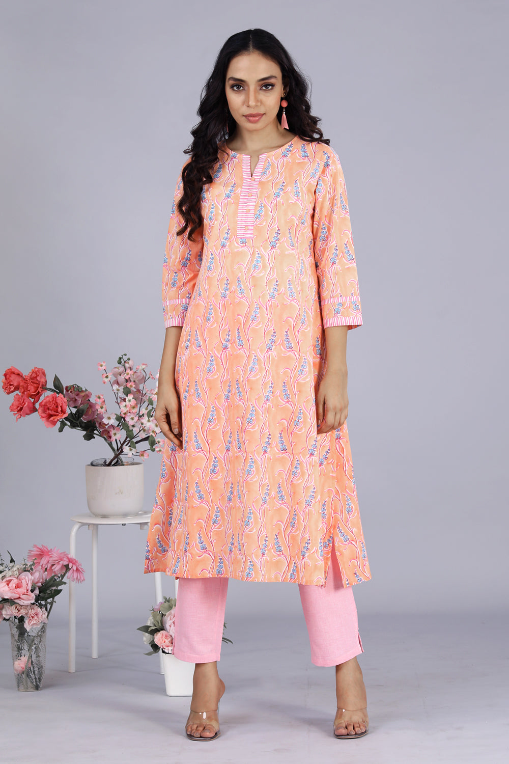 Kalanjali Ethnics Hand block printed kurti – Women's, Peach