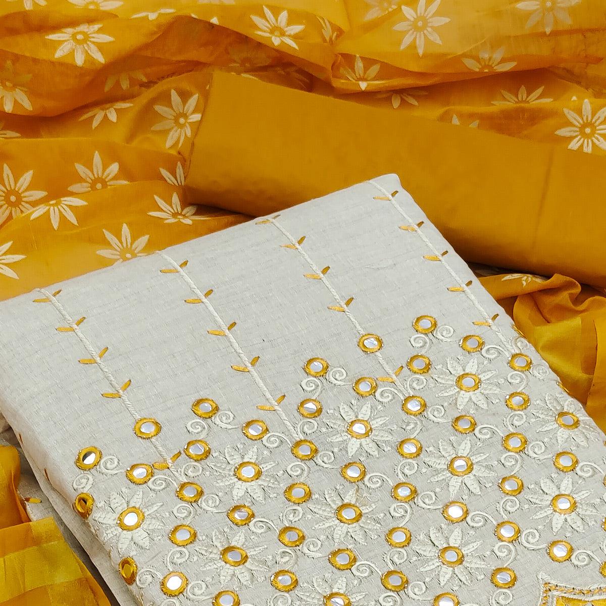 Peachmode Cream - Gold Festive Wear Embroidery With Mirror Work Cotton Dress Material - view 3