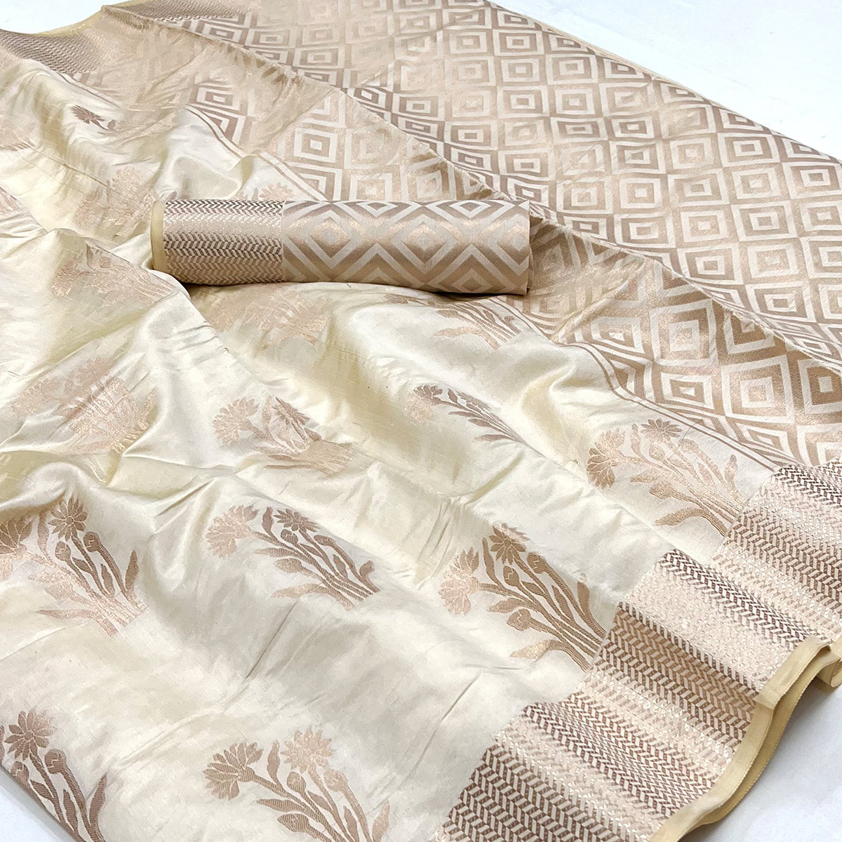 Peachmode Cream Woven Raw Silk Saree – Women's - view 2