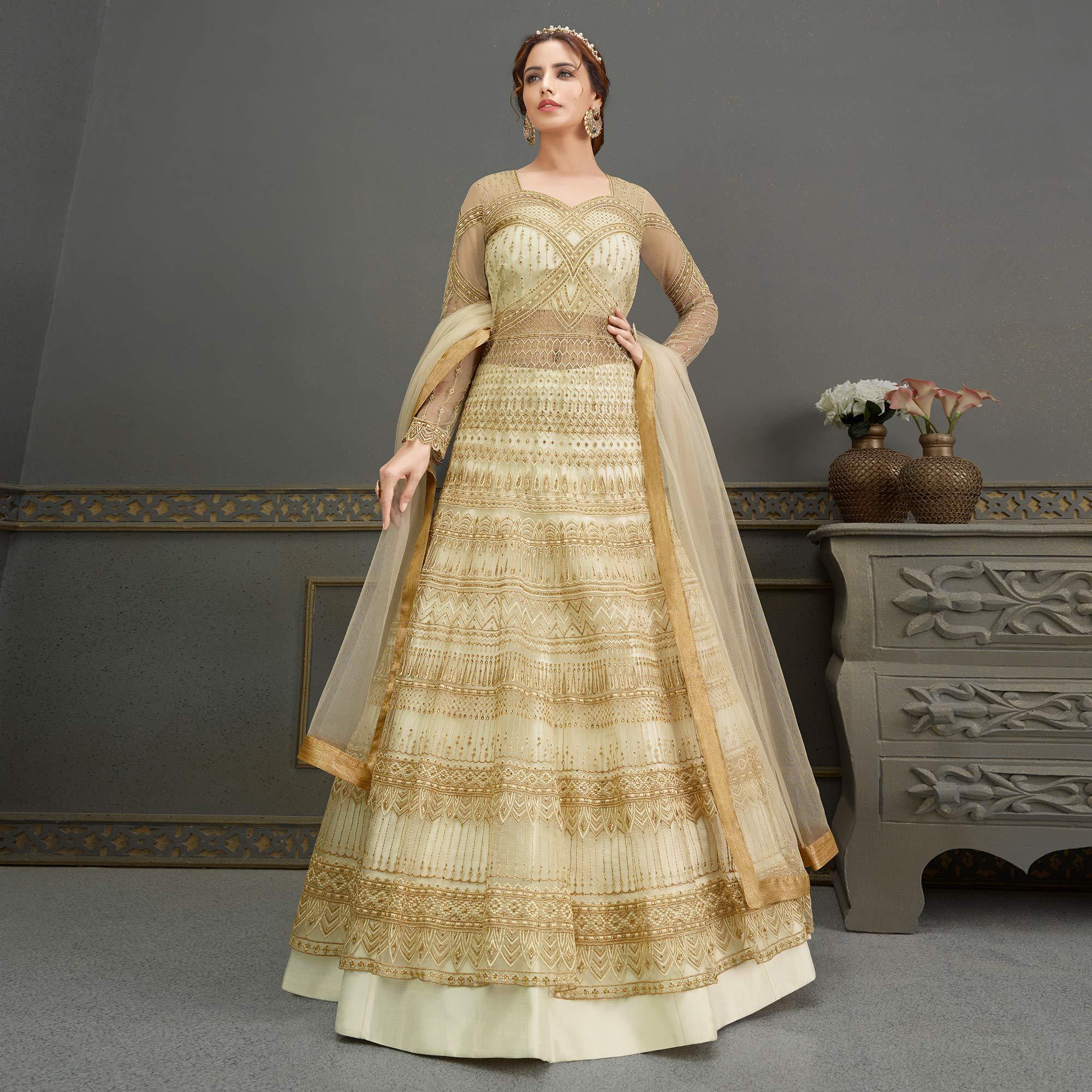 Peachmode Cream Embroidered With Handwork Soft Net Partywear Gown