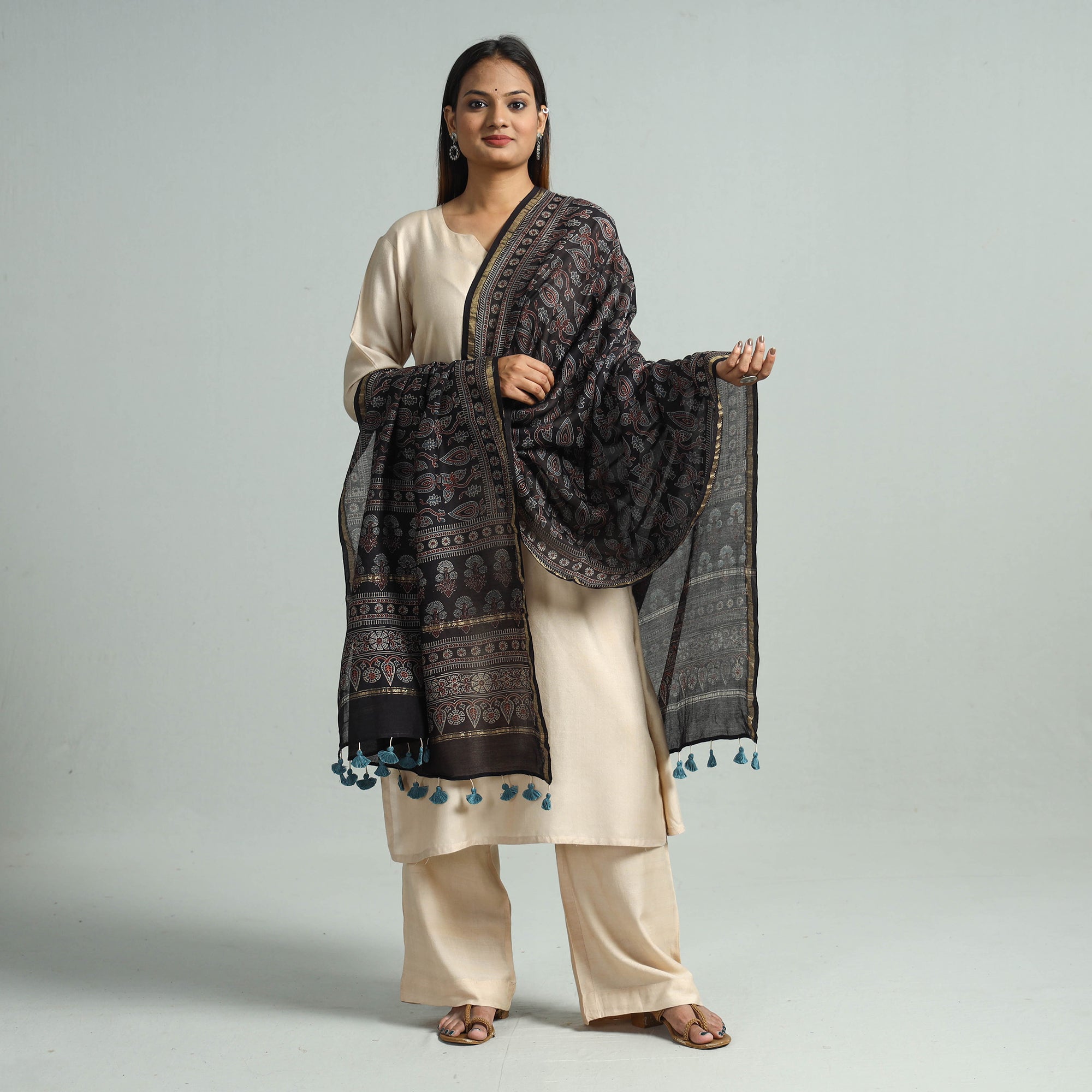 KACHCHH JI CHHAAP Black - Hand Block Print Chanderi Silk Ajrakh Dupatta 60 - view 2