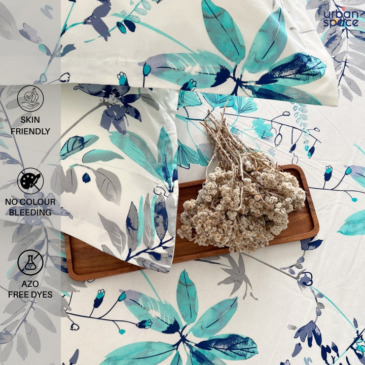Urban Space -Home Furnishing Store Serene 200 TC 100% Cotton Single Bedsheet with Pillow Covers - Floral Feast Turquoise - view 3