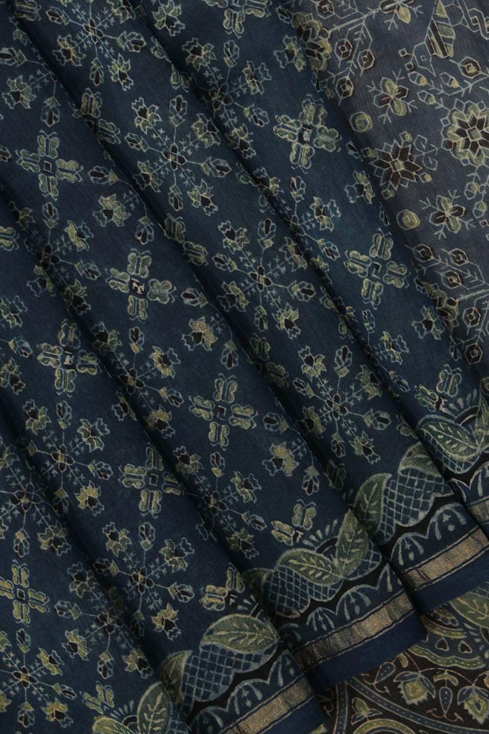 Kalanjali Ethnics Indigo blue Ajrakh handblockprinted Chanderi saree - view 2
