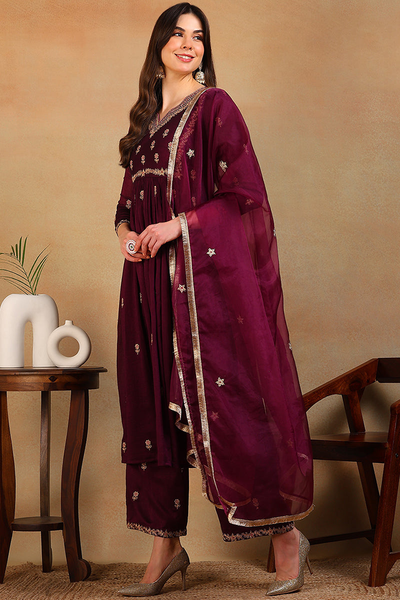 Ahika Purple Silk Blend Solid Embroidered Flared Empire Suit Set PKSKD2146 - view 4