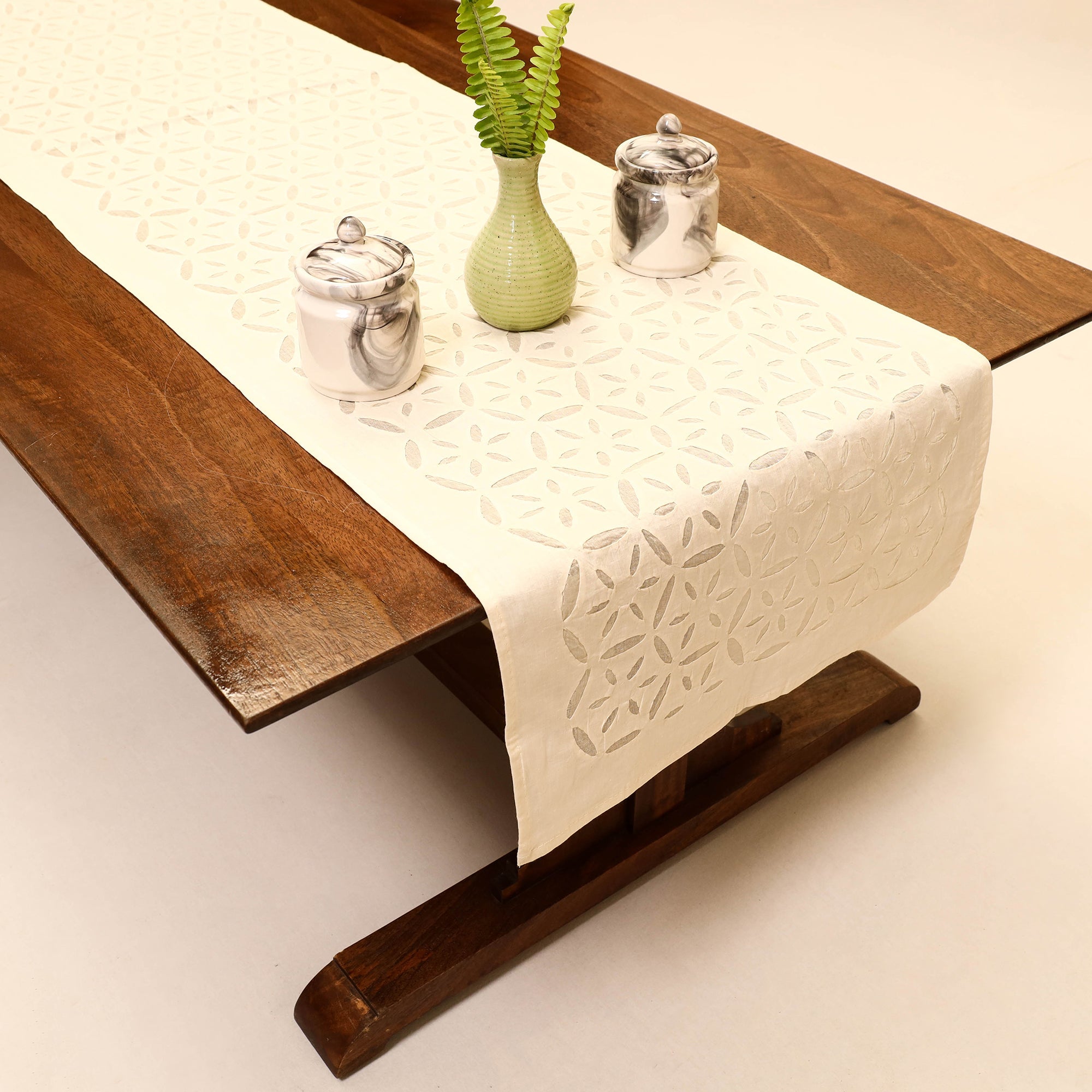 SHADES OF MARUDHARA Beige - Applique Cut work Cotton Table Runner (73 x 18 in)