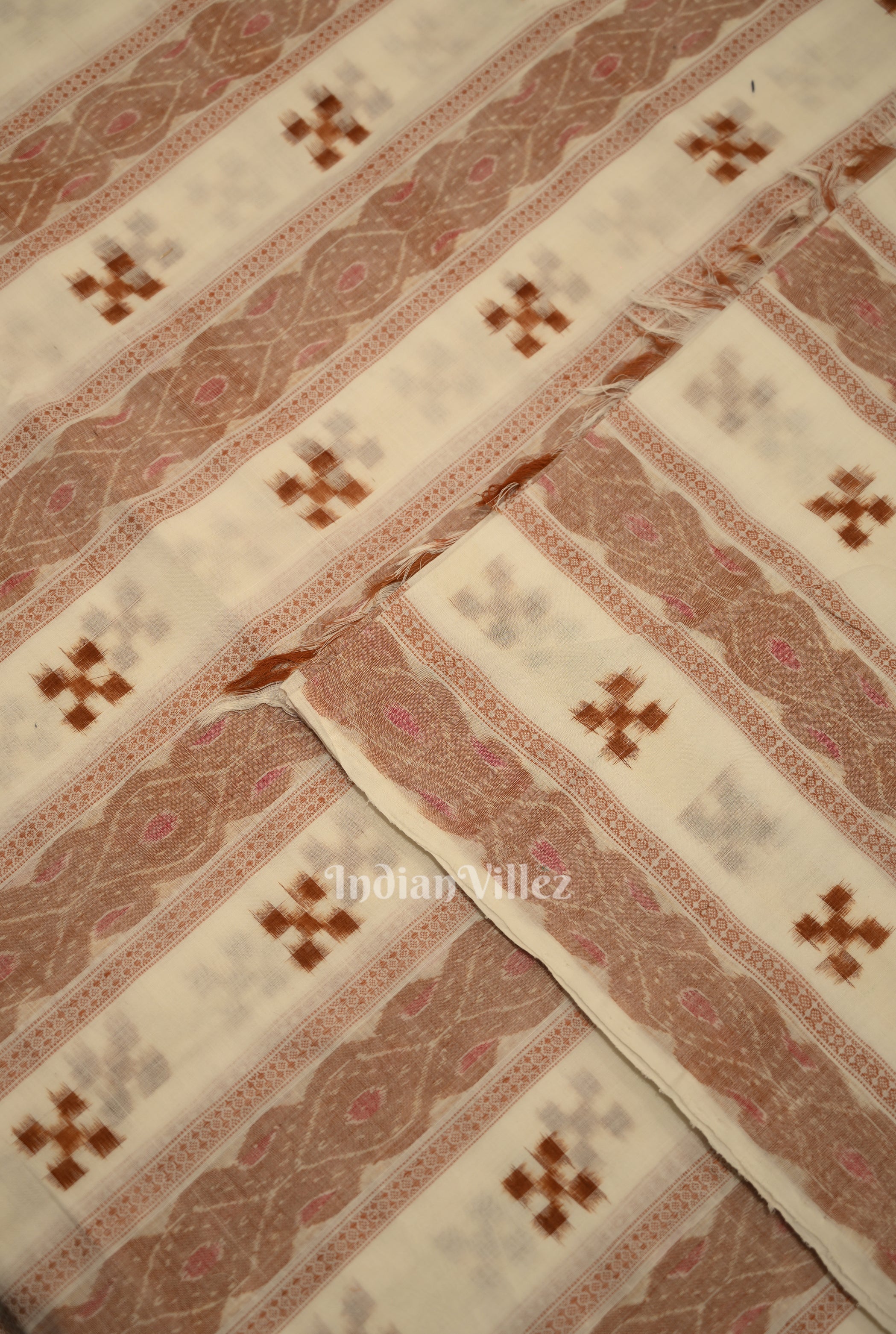 IndianVillèz White Brown Pasapali Sambalpuri Ikat Cotton Fabric - view 2