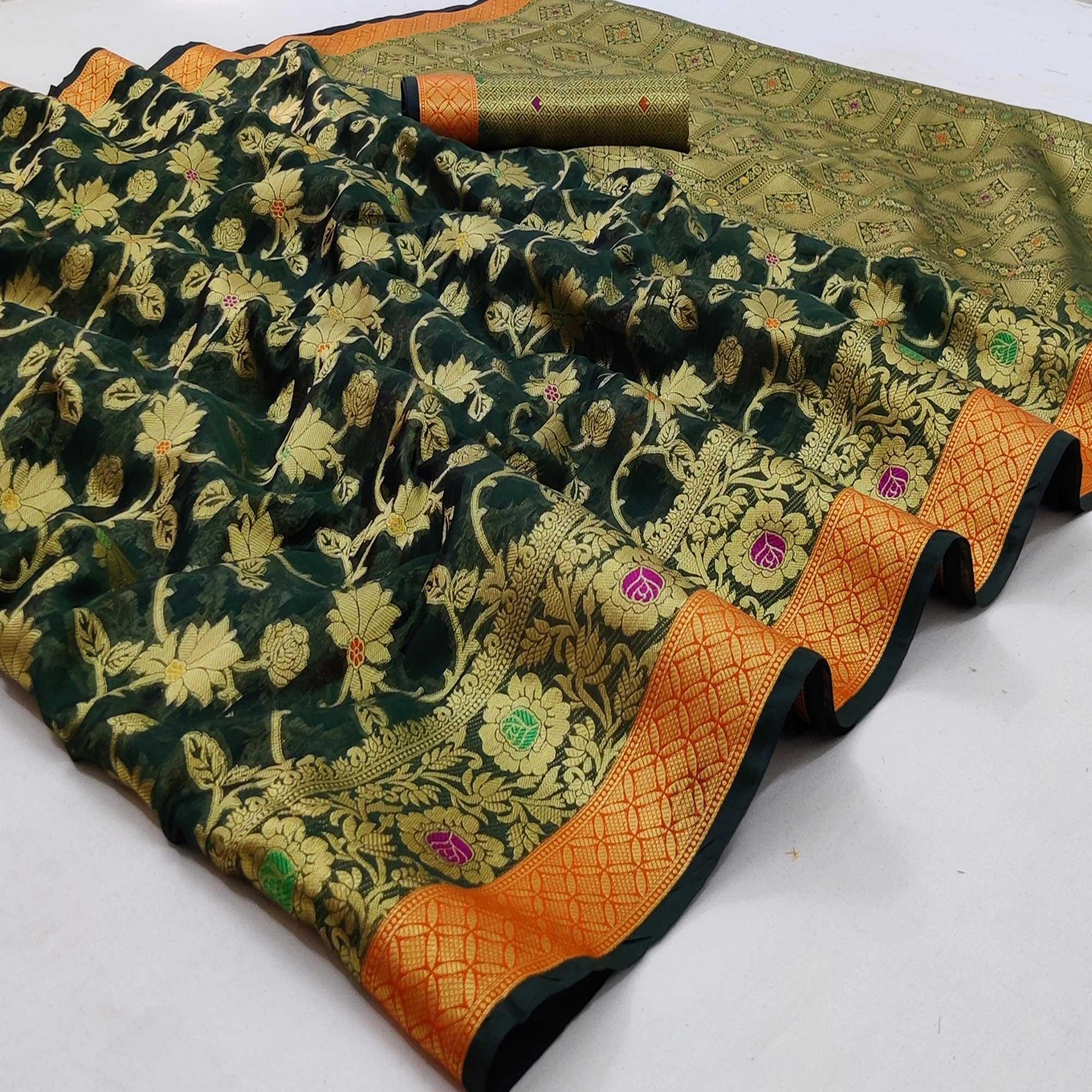 Peachmode Dark Green Festive Wear Floral Woven Organza Saree