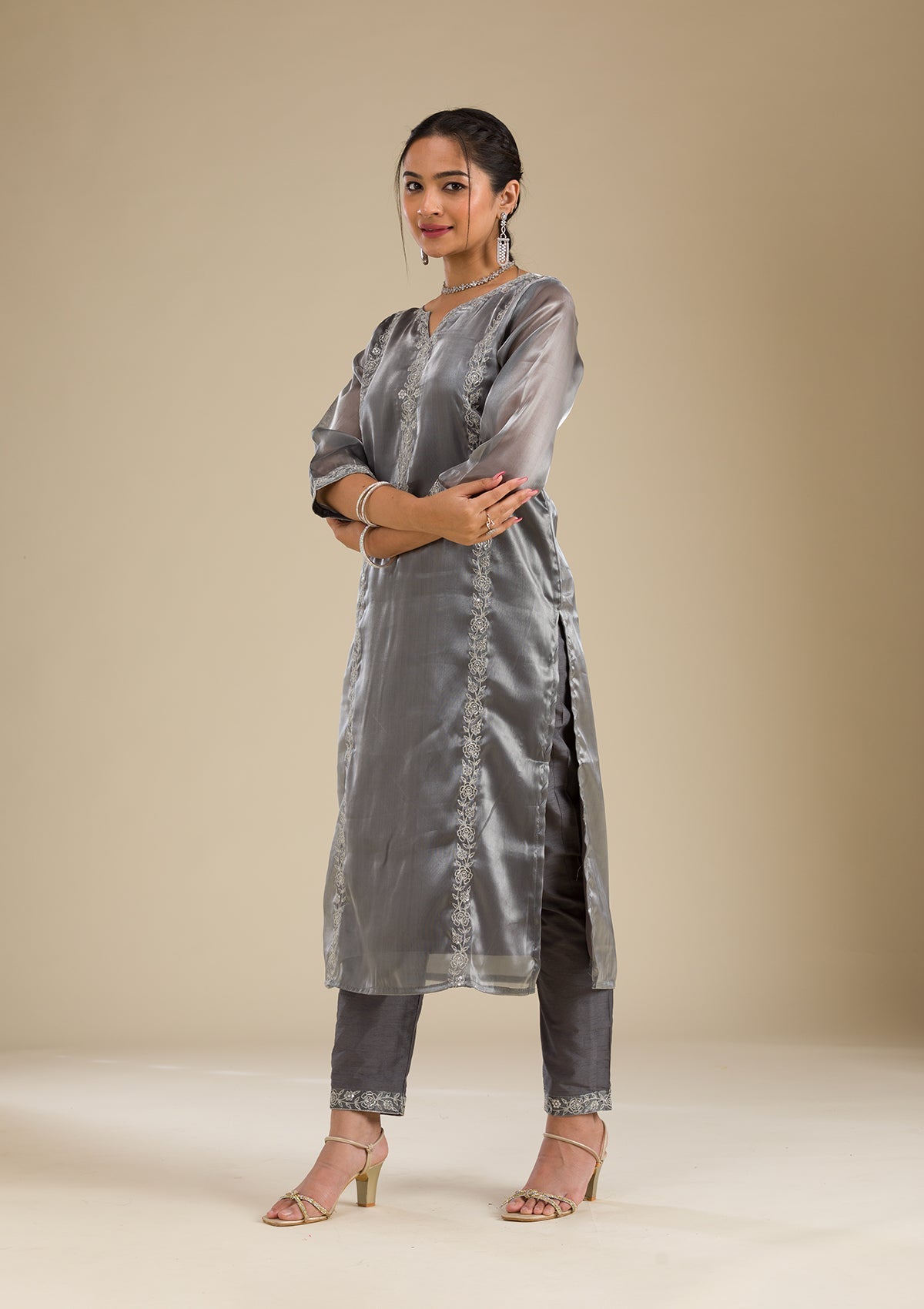 Koskii Grey Zariwork Crepe Readymade Salwar Suit - view 5