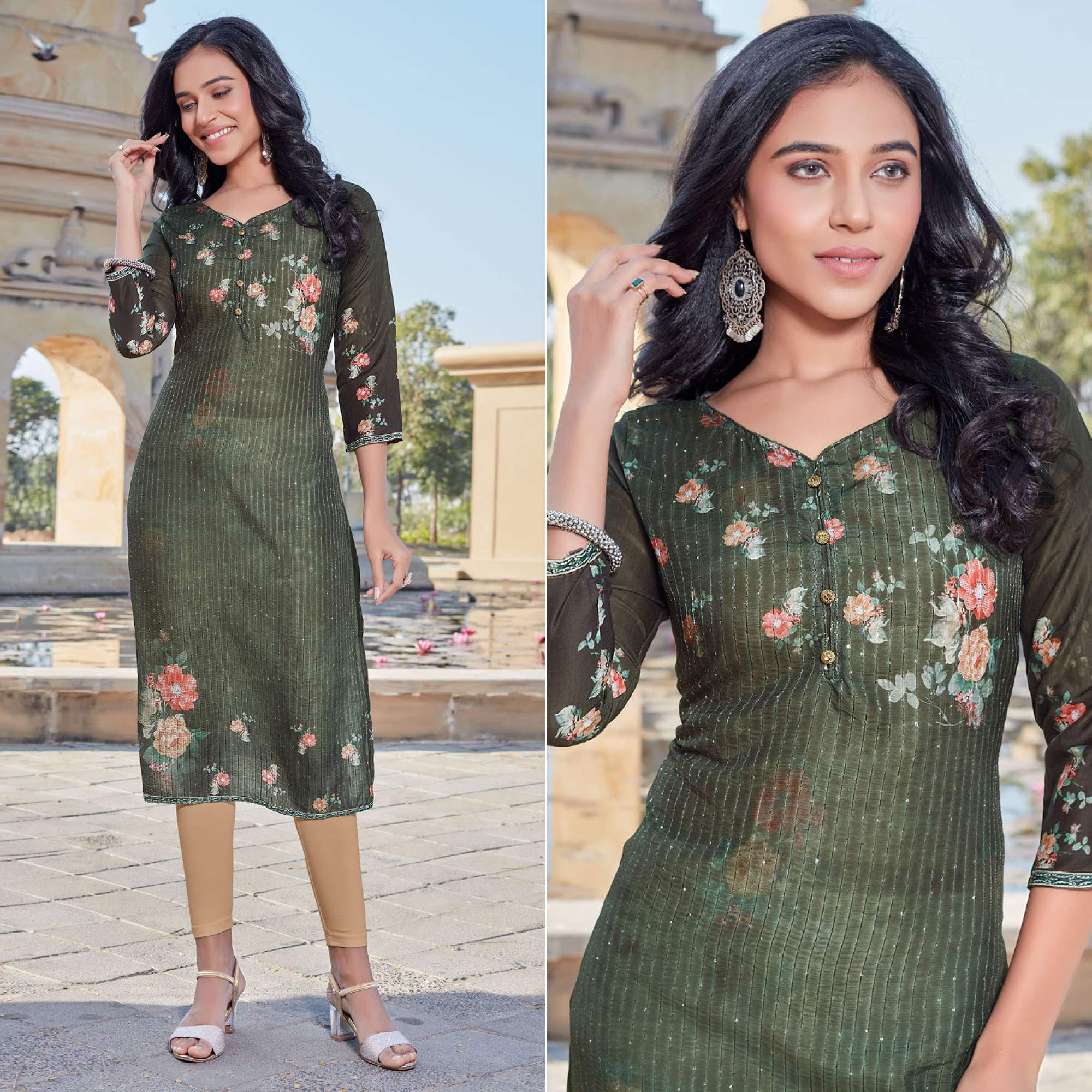 Peachmode Seller Bottle Green Sequins Embroidered Cotton Silk Kurti