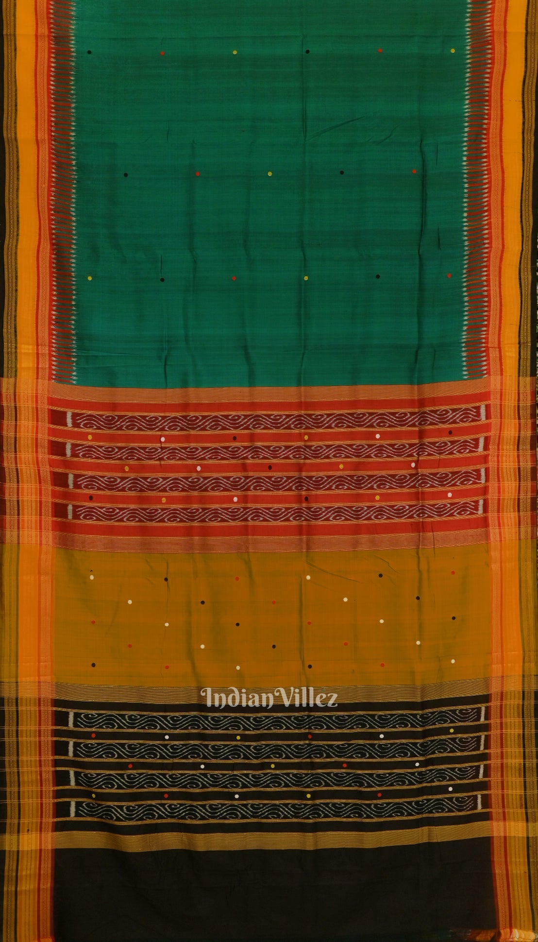 IndianVillèz Green Red Kathiphera Odisha Ikat Khandua Silk Saree