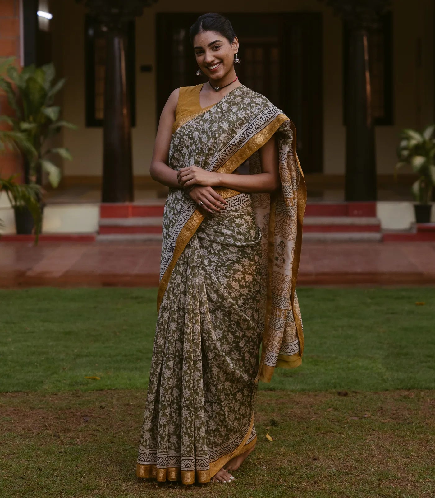 RmKV Green Handloom Chanderi Cotton Saree With Printed Floral Motifs