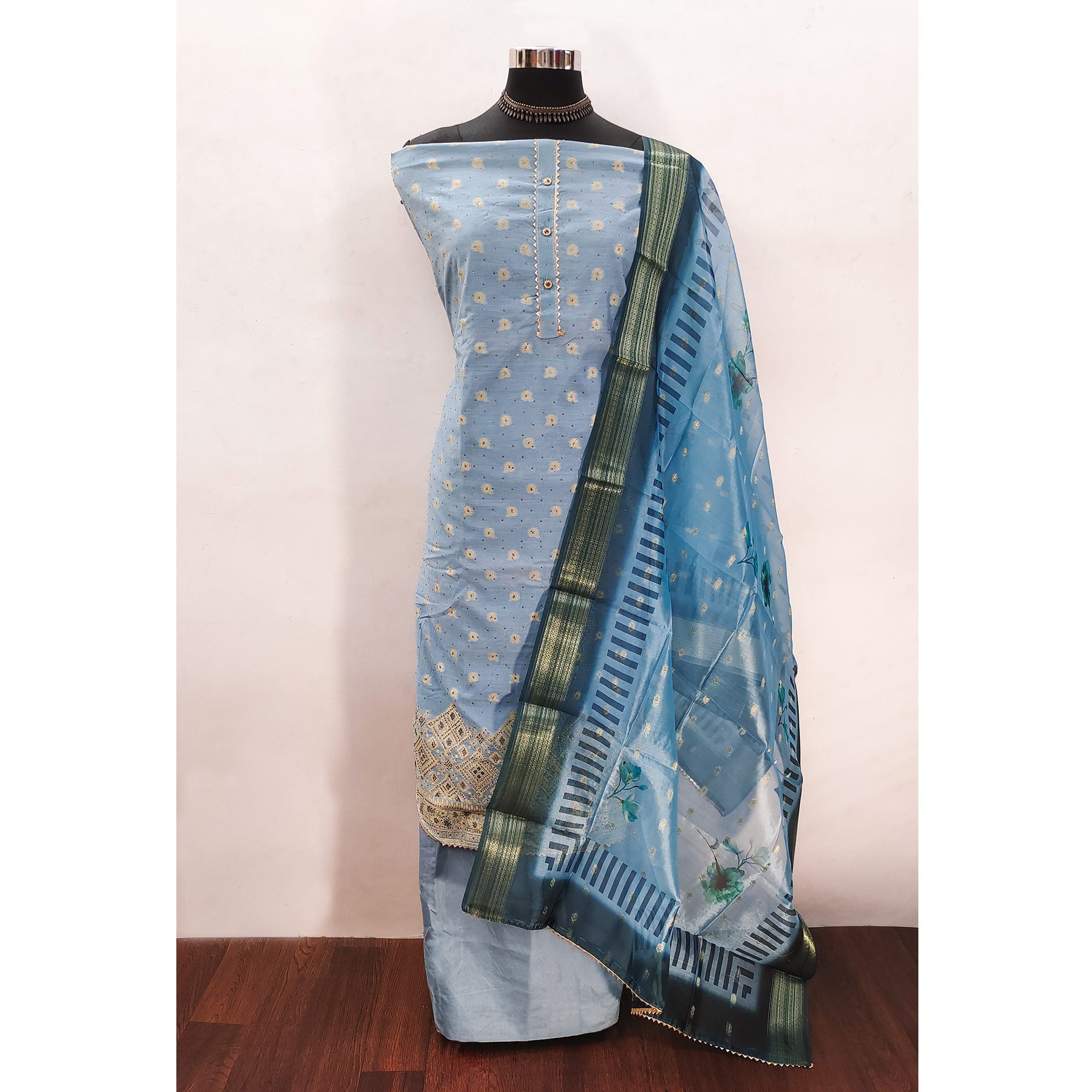 Peachmode Blue Woven With Swarovski Work Banarasi Silk Dress Material - view 3
