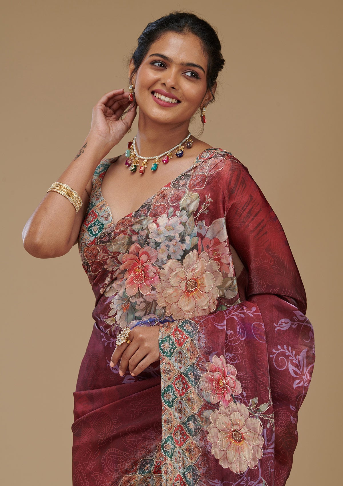Koskii Wine Printed Tissue Saree – Women's - view 5