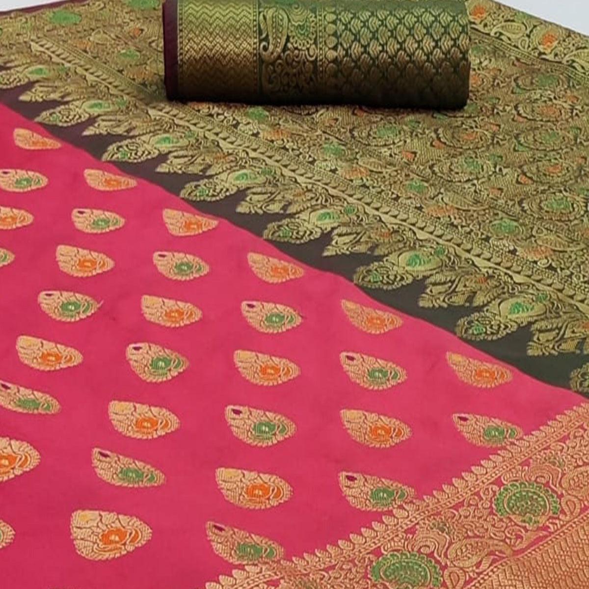 Peachmode Groovy Pink Colored Festive Wear Woven Silk Saree - view 2