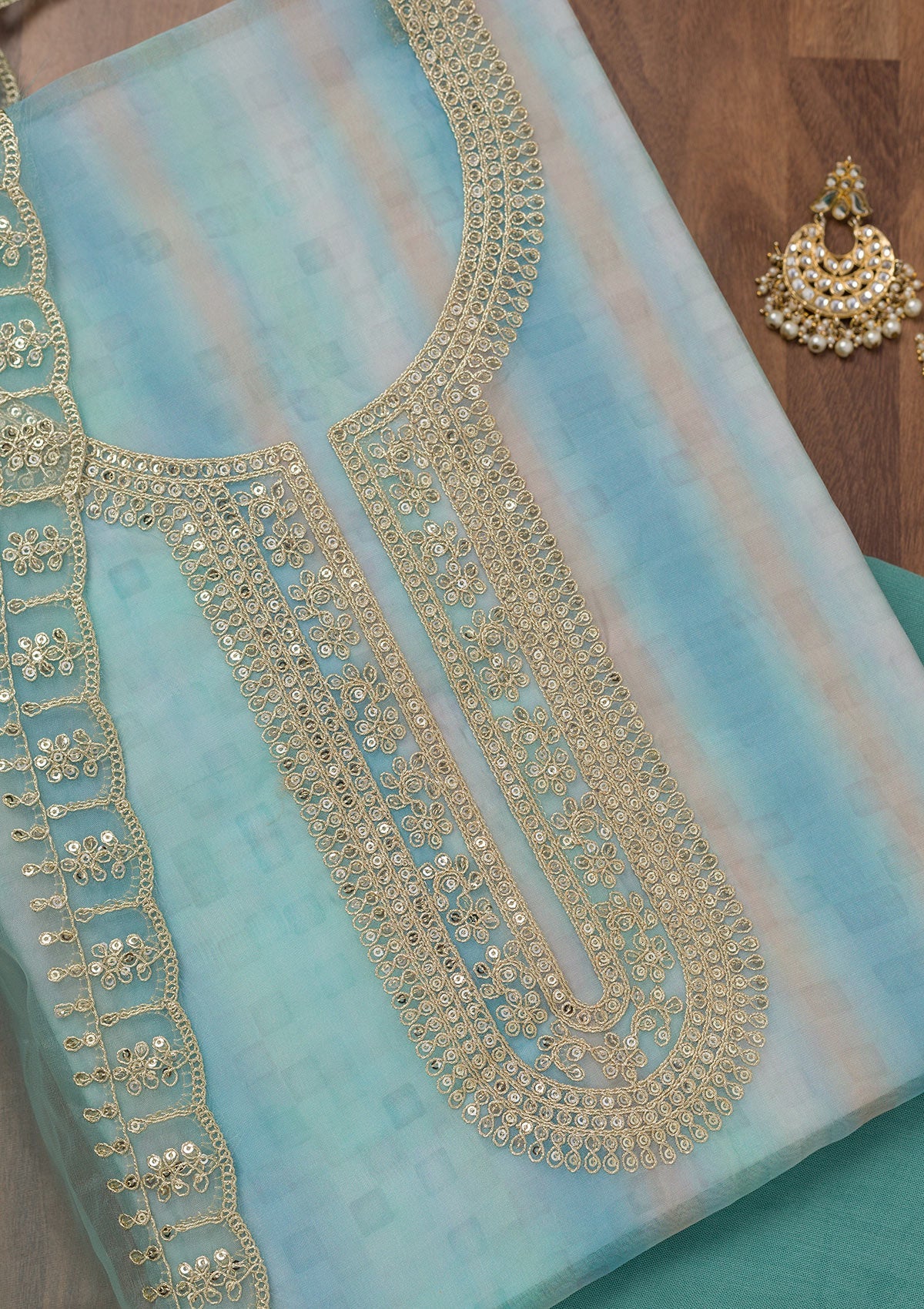 Koskii Sky Blue Zariwork Semi Crepe Unstitched Salwar Suit - view 2